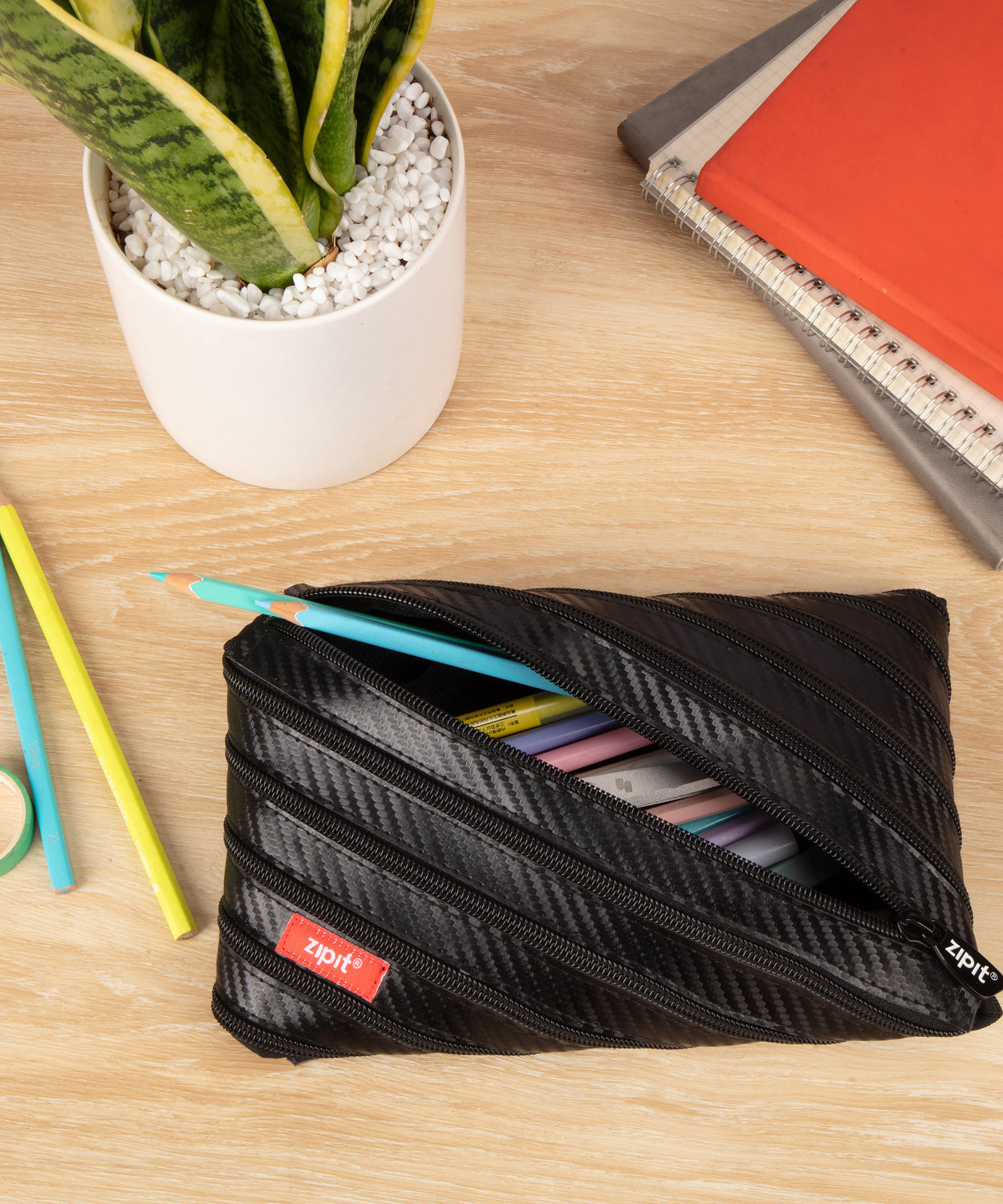 ZIPIT Carbon Jumbo Pouch | Pencil Case & Multi-Use Storage Pouch – Aesthetic Large Capacity One-Zipper Pen Bag, Durable School Stationery Organizer & Tech Travel Case for Kids, Teens & Adults (Matte Black)
