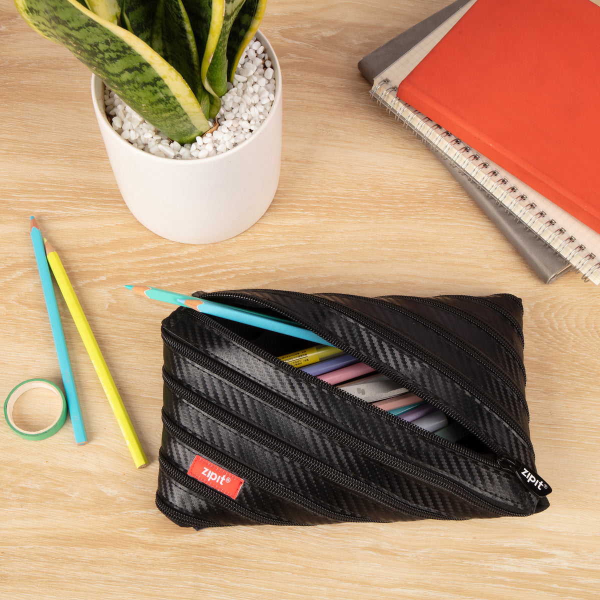ZIPIT Carbon Jumbo Pouch | Pencil Case & Multi-Use Storage Pouch – Aesthetic Large Capacity One-Zipper Pen Bag, Durable School Stationery Organizer & Tech Travel Case for Kids, Teens & Adults (Matte Black)