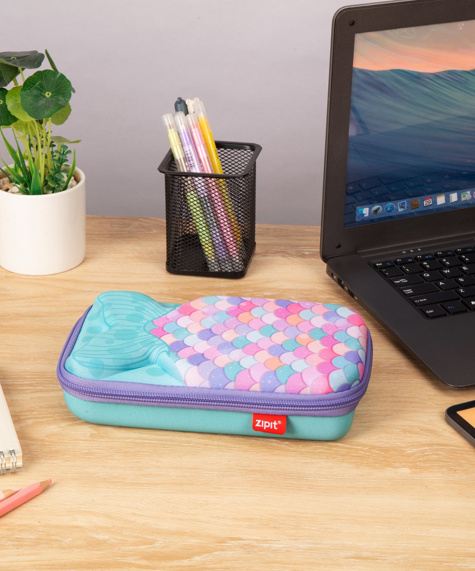 ZIPIT 3D Mermaid Hardtop Pencil Case for Girls – Embossed Mermaid Tail Hard Shell Pencil Box, Large Capacity Cute Stationery Organizer & Travel Makeup Pouch for School Supplies (Aqua Teal & Pink Scales)