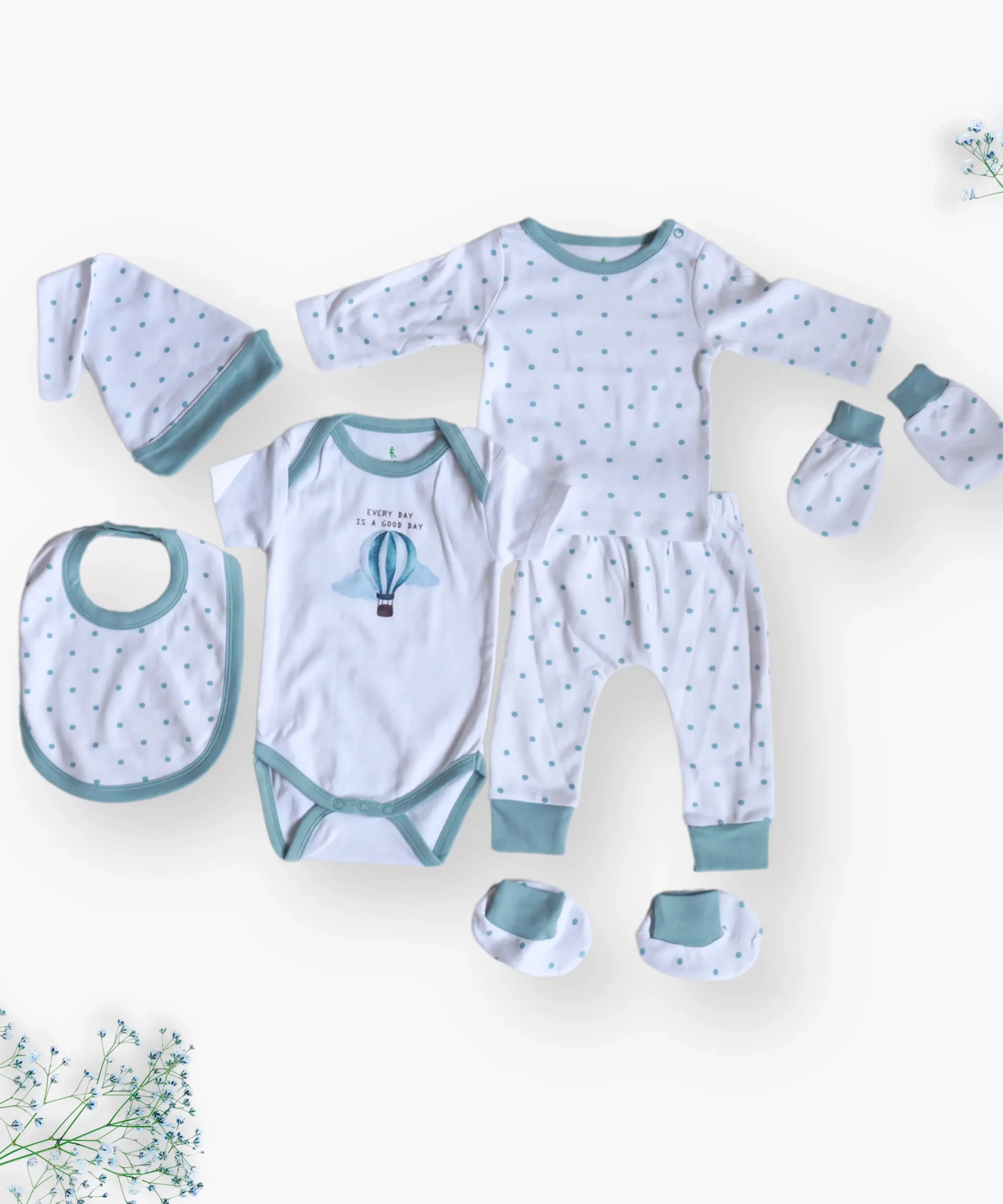 Zach & Kiki Infant 7 Piece Gift Set – Hot Air Balloon Theme, 100% Cotton Newborn Essentials with Bodysuit, Sleepsuit, Bib, Cap, Mittens, and Booties