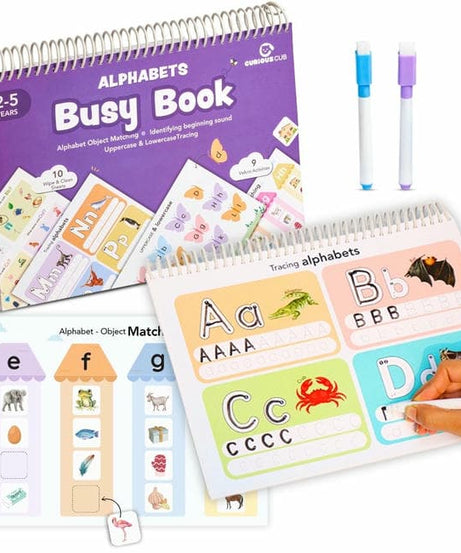 Curious Cub Alphabets Busy Book Interactive Learning Toy for Ages 2-5 Years | Reusable Educational Activity Book to Develop Letter Recognition, Vocabulary, and Fine Motor Skills - MINIMEE KIDS