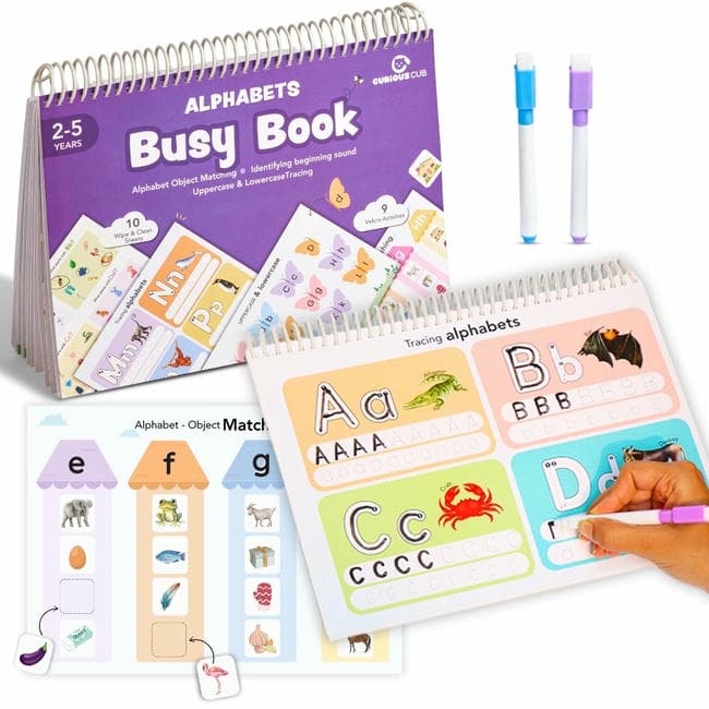 Curious Cub Alphabets Busy Book Interactive Learning Toy for Ages 2-5 Years | Reusable Educational Activity Book to Develop Letter Recognition, Vocabulary, and Fine Motor Skills