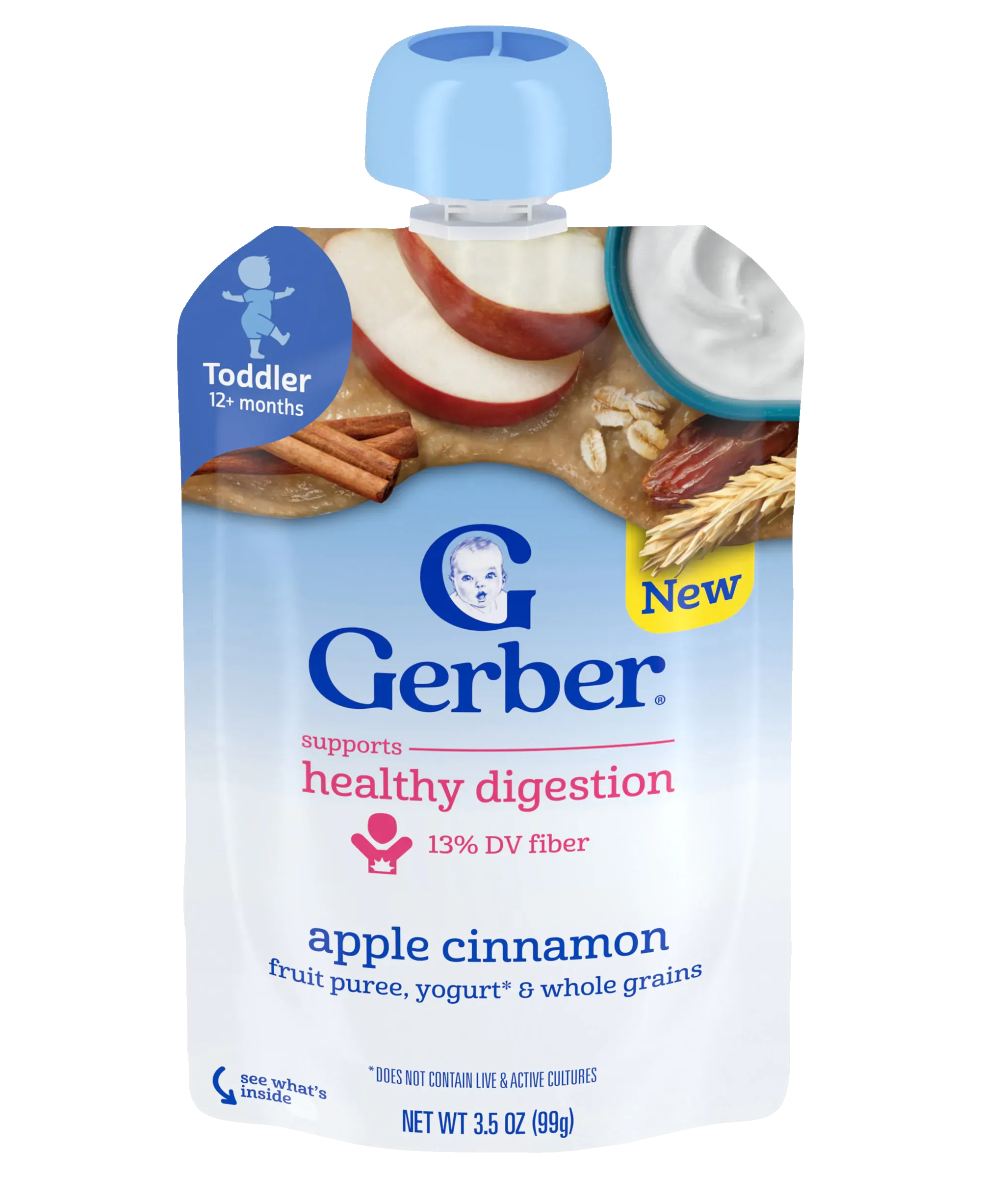 Gerber Apple Cinnamon Fruit Puree, Yogurt & Whole Grains | Supports Healthy Digestion for Toddlers 12+ months | 99g