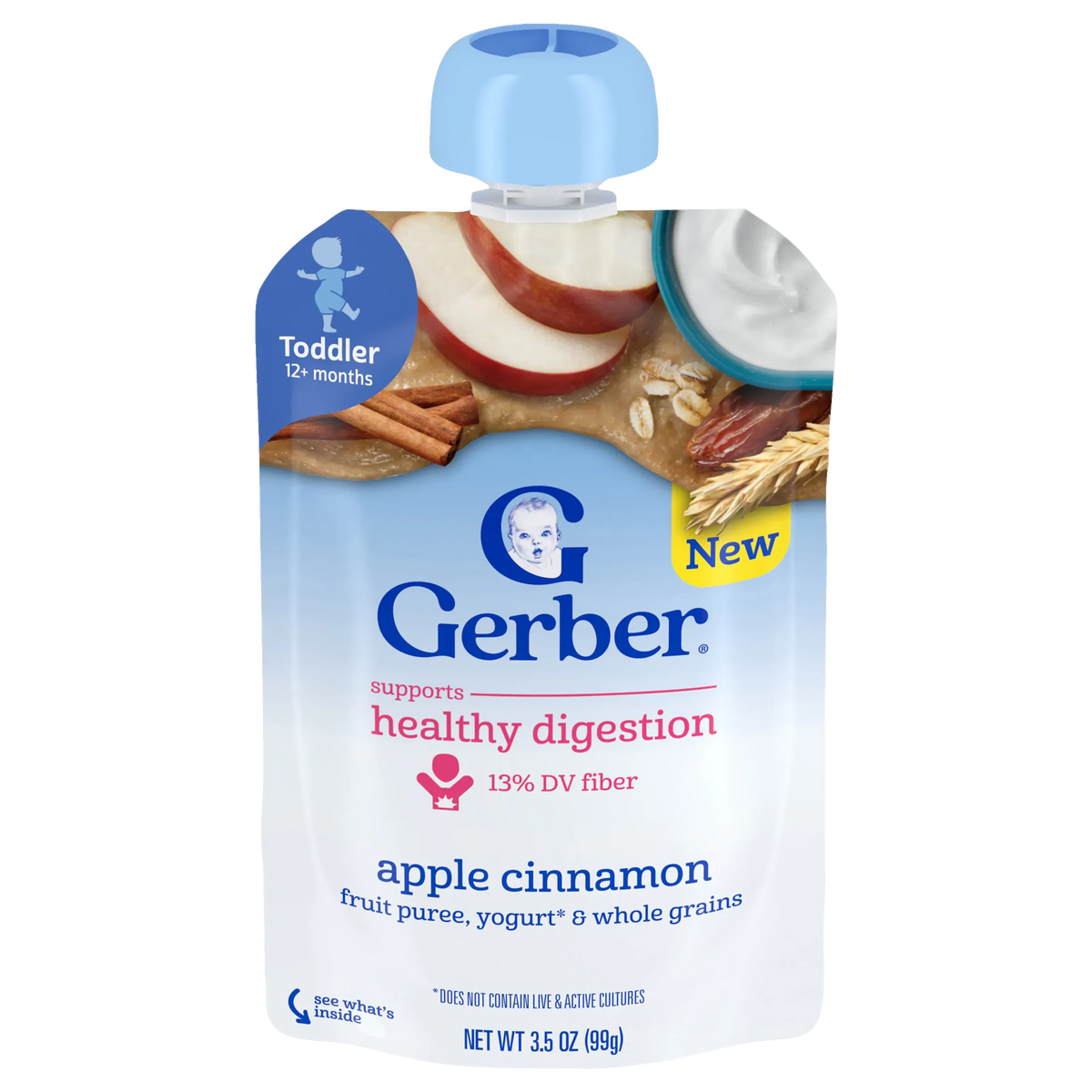 Gerber Apple Cinnamon Fruit Puree, Yogurt & Whole Grains | Supports Healthy Digestion for Toddlers 12+ months | 99g