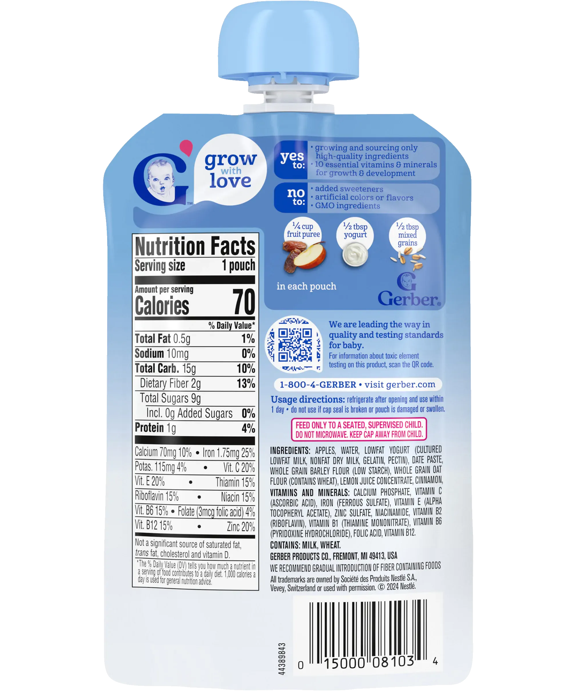 Gerber Apple Cinnamon Fruit Puree, Yogurt & Whole Grains | Supports Healthy Digestion for Toddlers 12+ months | 99g