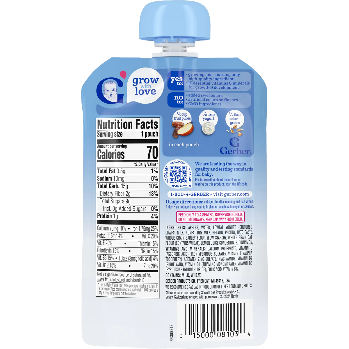 Gerber Apple Cinnamon Fruit Puree, Yogurt & Whole Grains | Supports Healthy Digestion for Toddlers 12+ months | 99g