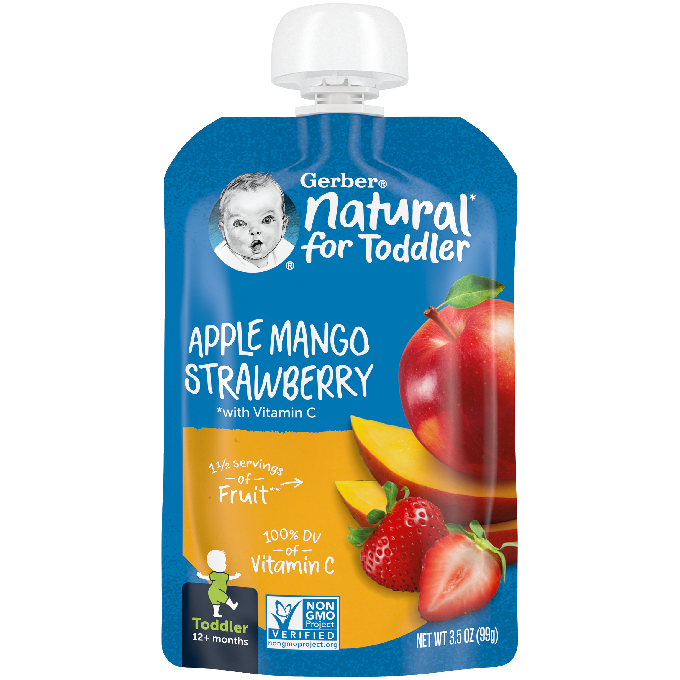 Gerber Natural Apple Mango Strawberry Puree for Toddlers 12+ Months - 99g