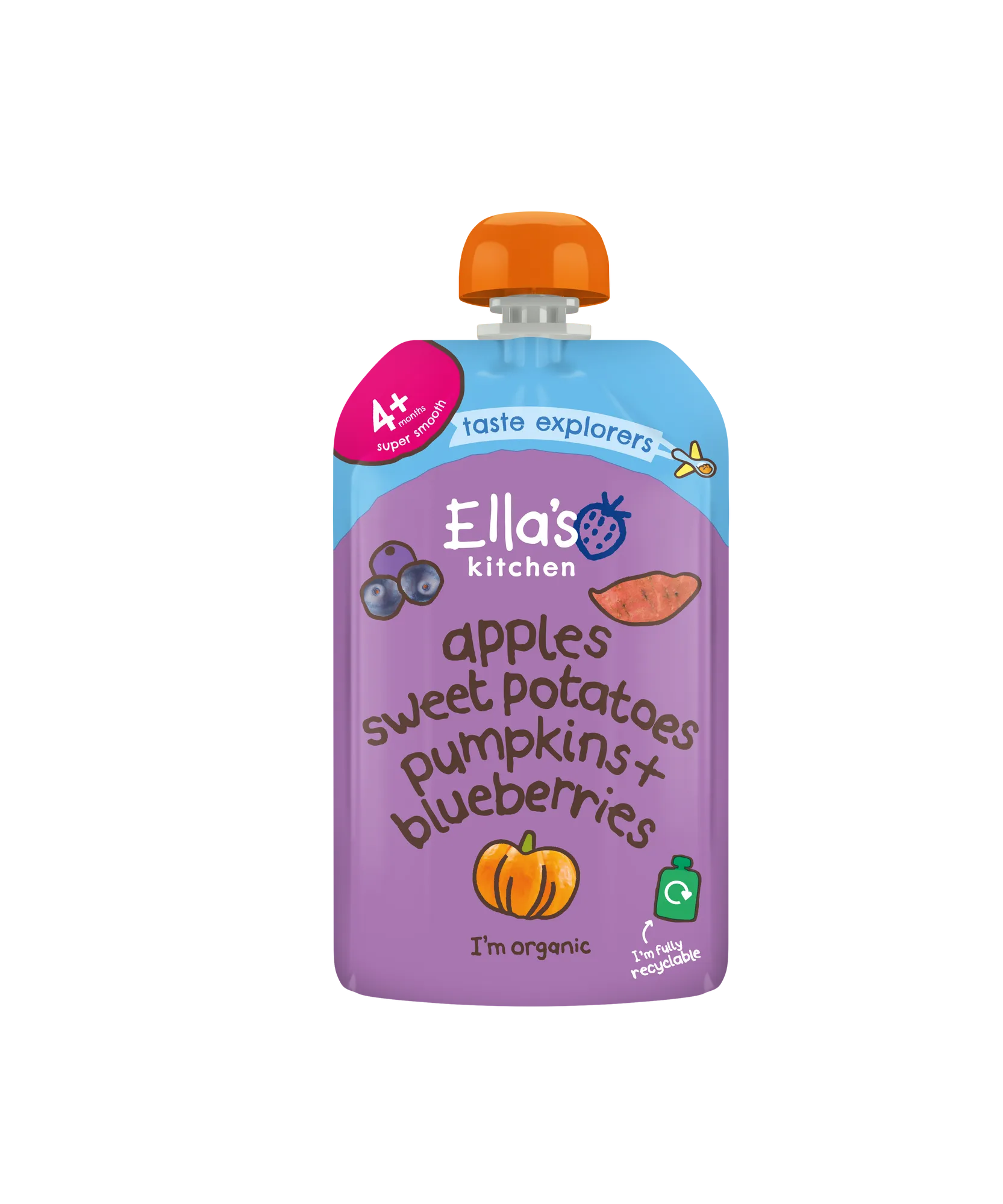 Ella's Kitchen Apples Sweet Potatoes Pumpkins + Blueberries – Organic Super Smooth Taste Explorers for Babies 4+ Months – 120g – No Added Sugar, Salt, or Water – Fully Recyclable – Gluten-Free