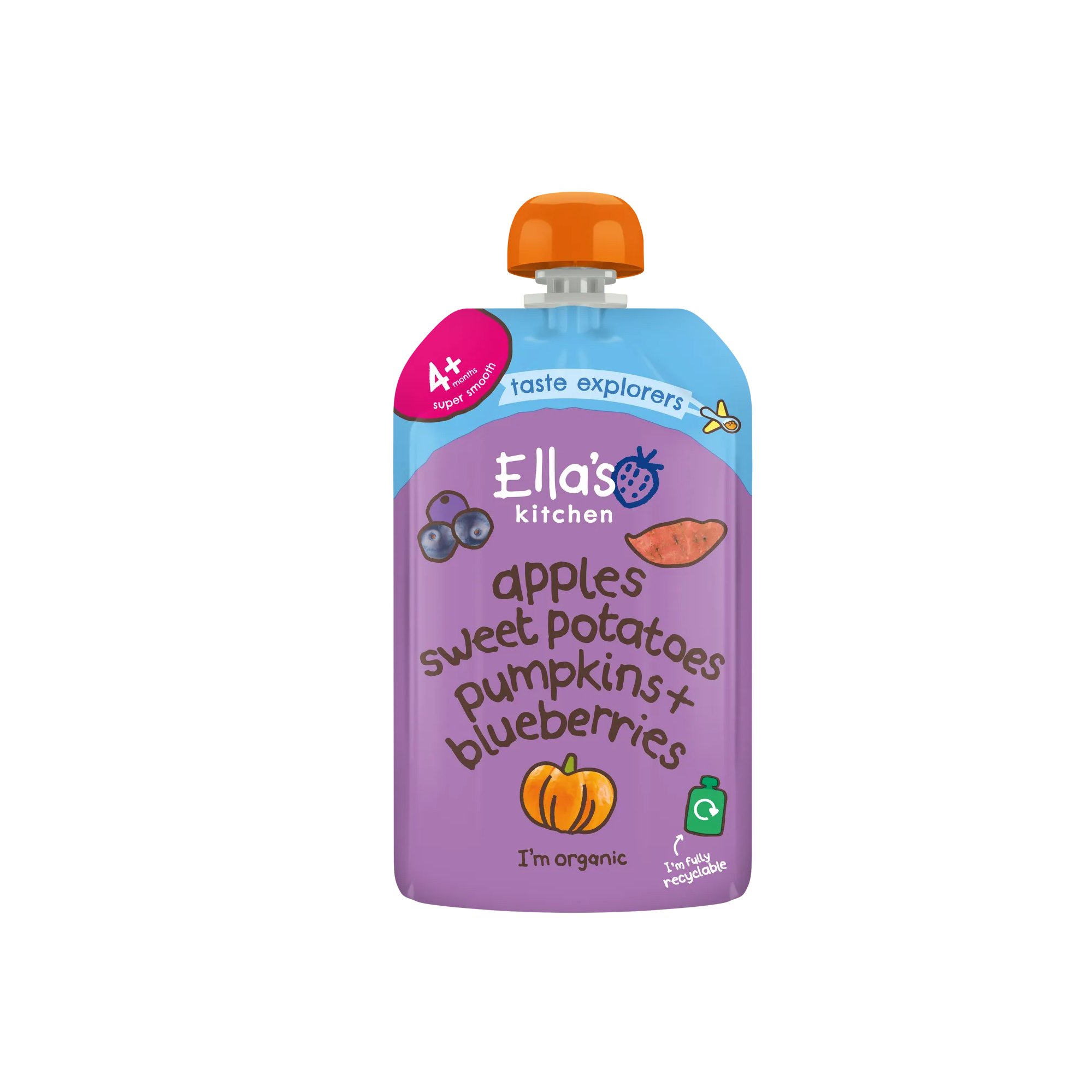 Ella's Kitchen Apples Sweet Potatoes Pumpkins + Blueberries – Organic Super Smooth Taste Explorers for Babies 4+ Months – 120g – No Added Sugar, Salt, or Water – Fully Recyclable – Gluten-Free