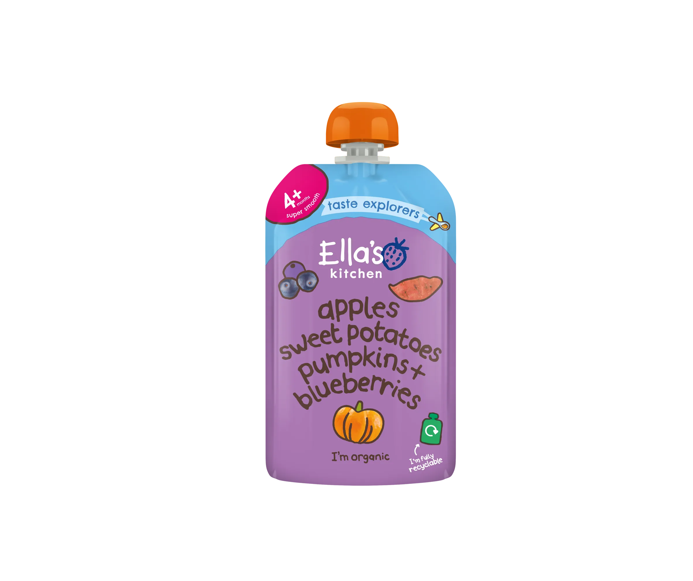 Ella's Kitchen Apples Sweet Potatoes Pumpkins + Blueberries – Organic Super Smooth Taste Explorers for Babies 4+ Months – 120g – No Added Sugar, Salt, or Water – Fully Recyclable – Gluten-Free