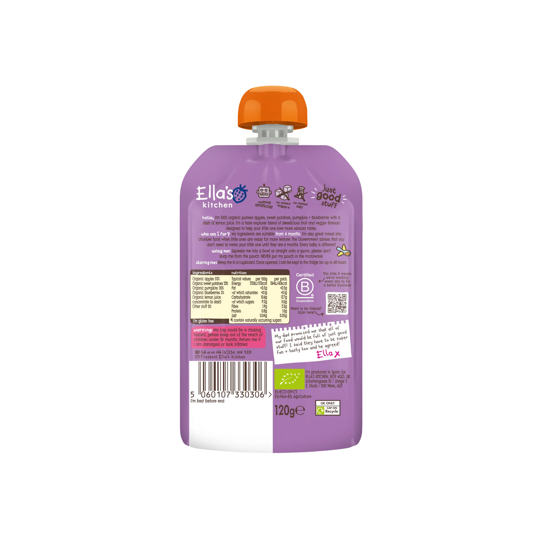 Ella's Kitchen Apples Sweet Potatoes Pumpkins + Blueberries – Organic Super Smooth Taste Explorers for Babies 4+ Months – 120g – No Added Sugar, Salt, or Water – Fully Recyclable – Gluten-Free