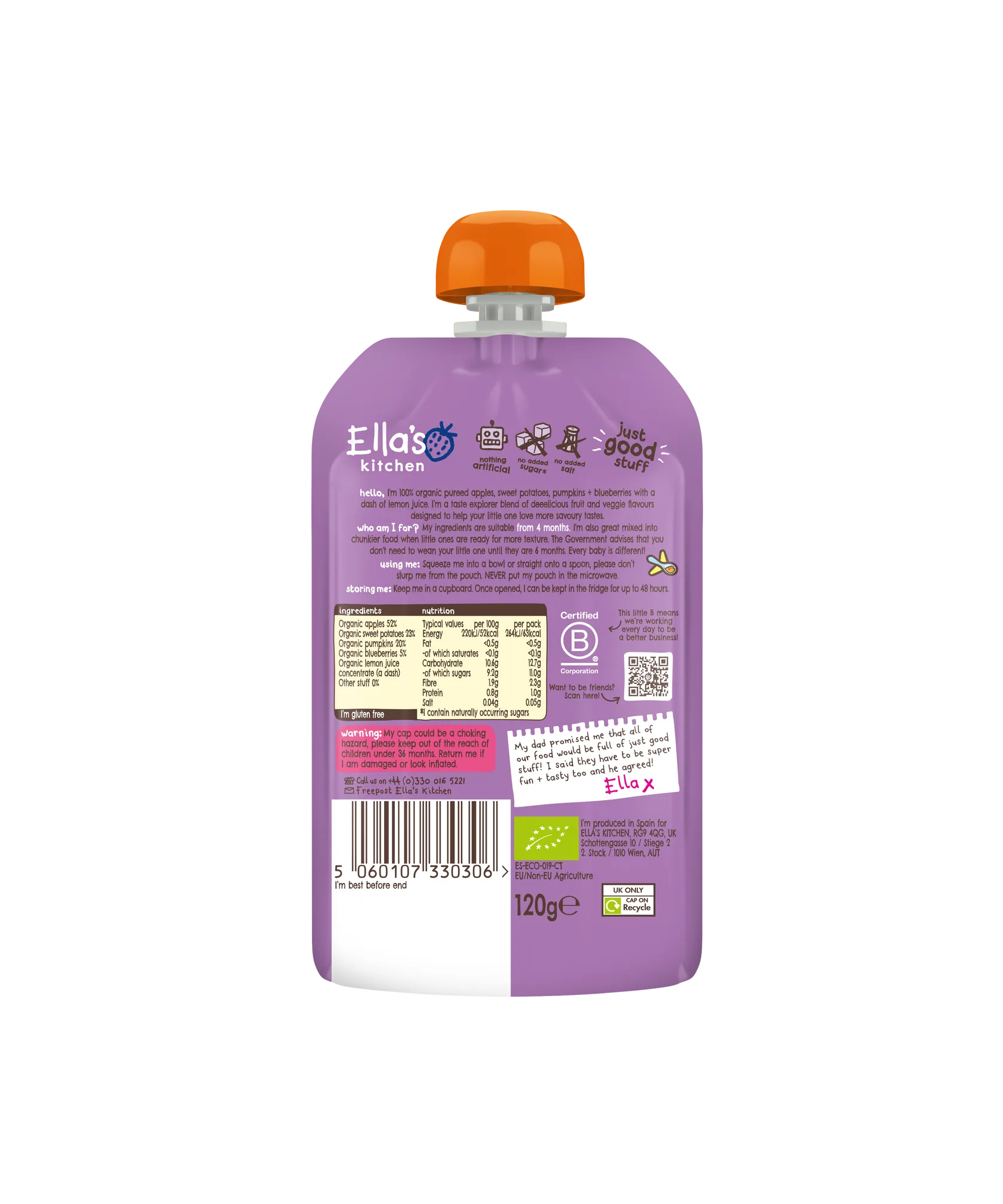 Ella's Kitchen Apples Sweet Potatoes Pumpkins + Blueberries – Organic Super Smooth Taste Explorers for Babies 4+ Months – 120g – No Added Sugar, Salt, or Water – Fully Recyclable – Gluten-Free