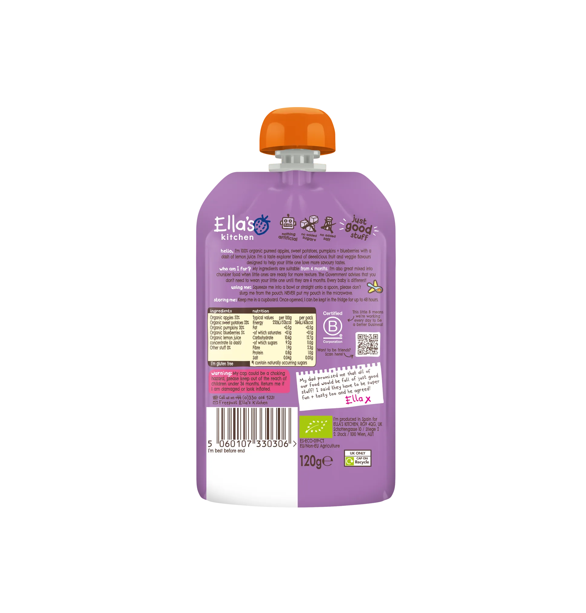 Ella's Kitchen Apples Sweet Potatoes Pumpkins + Blueberries – Organic Super Smooth Taste Explorers for Babies 4+ Months – 120g – No Added Sugar, Salt, or Water – Fully Recyclable – Gluten-Free