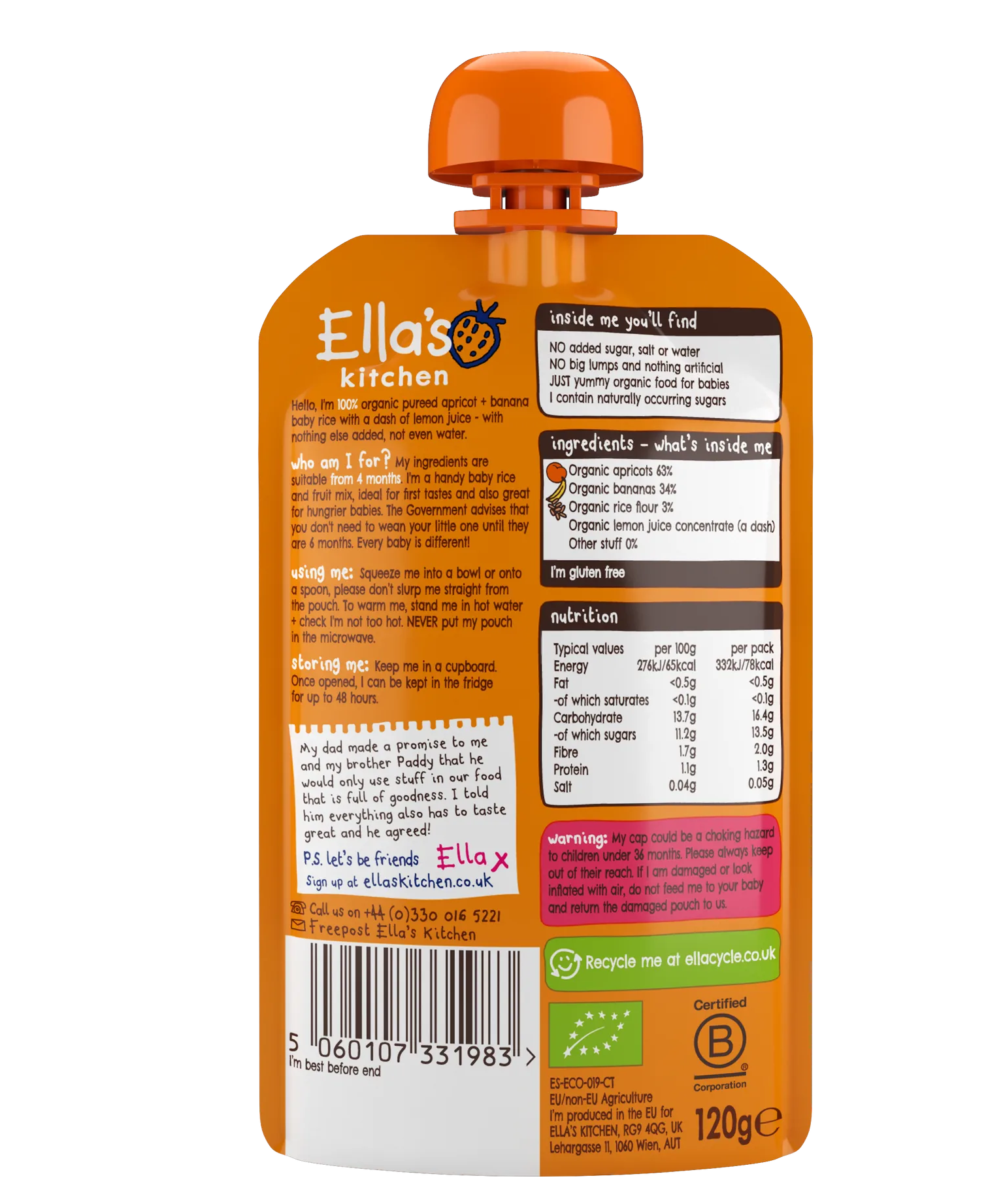 Ella's Kitchen Apricot & Banana Baby Rice – Organic Smooth Puree for 4+ Months – 120g Pouch – No Added Sugar, Salt, or Water – Naturally Sweet & Gluten-Free - MINIMEE KIDS