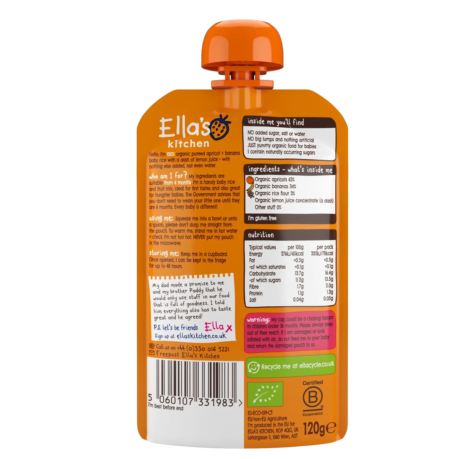 Ella's Kitchen Apricot & Banana Baby Rice – Organic Smooth Puree for 4+ Months – 120g Pouch – No Added Sugar, Salt, or Water – Naturally Sweet & Gluten-Free