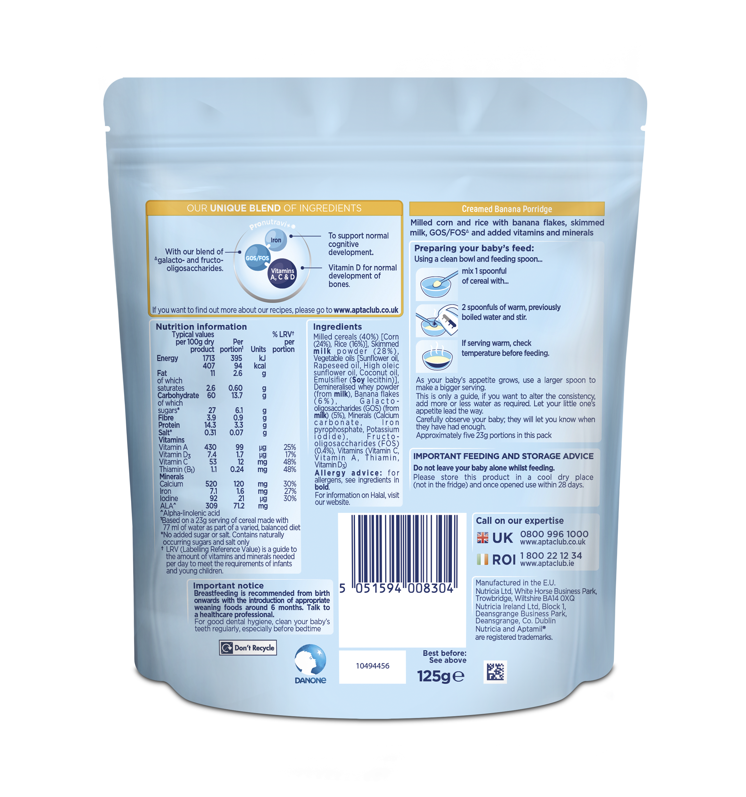 Nutricia Aptamil Creamed Banana Porridge for Babies 4-6 Months & Above | 125g | Gentle Weaning Food - MINIMEE KIDS