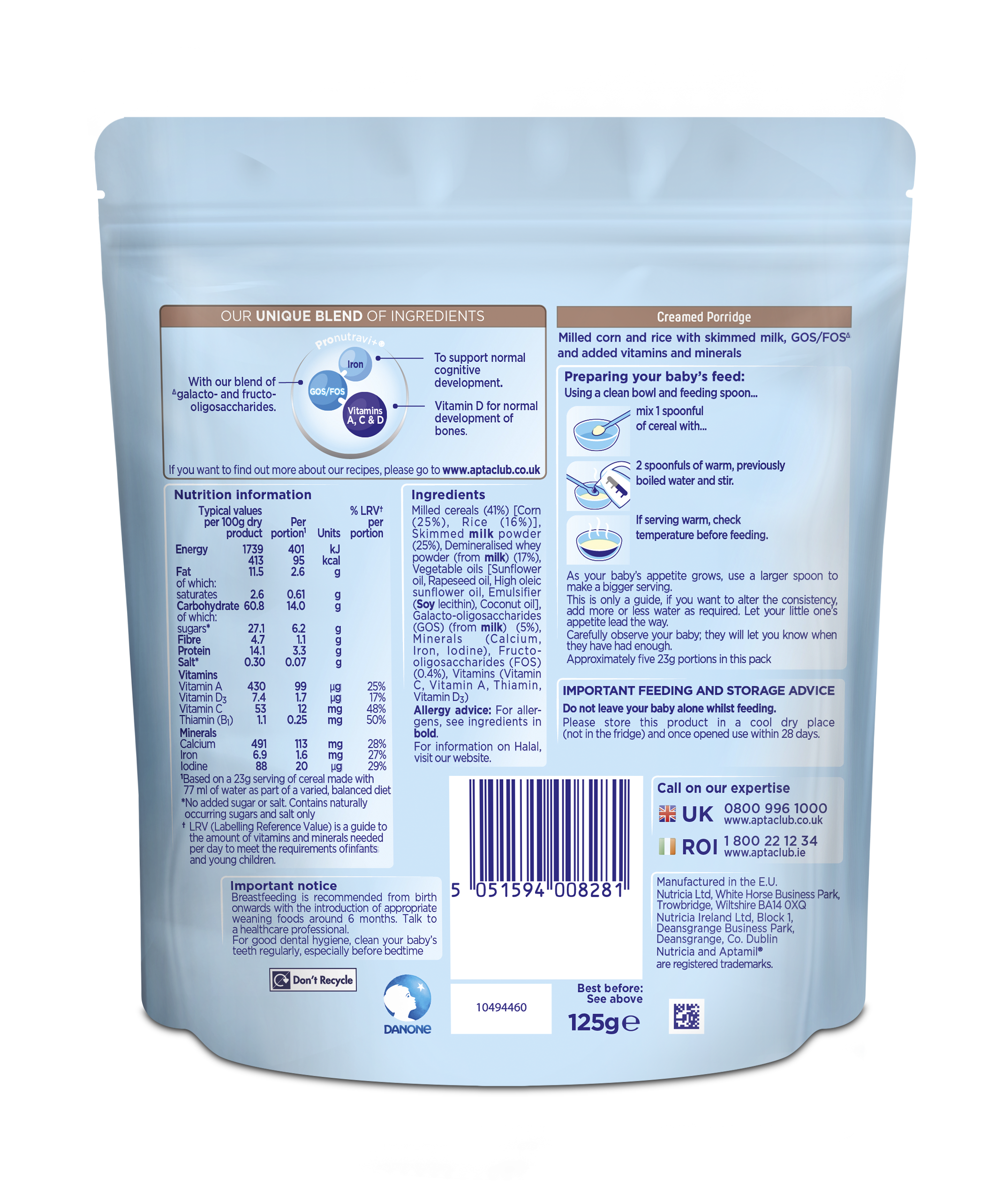 Nutricia Aptamil Creamed Porridge for Babies 4 to 6 Months & Above | 125g | Nutrient-Rich First Weaning Food - MINIMEE KIDS