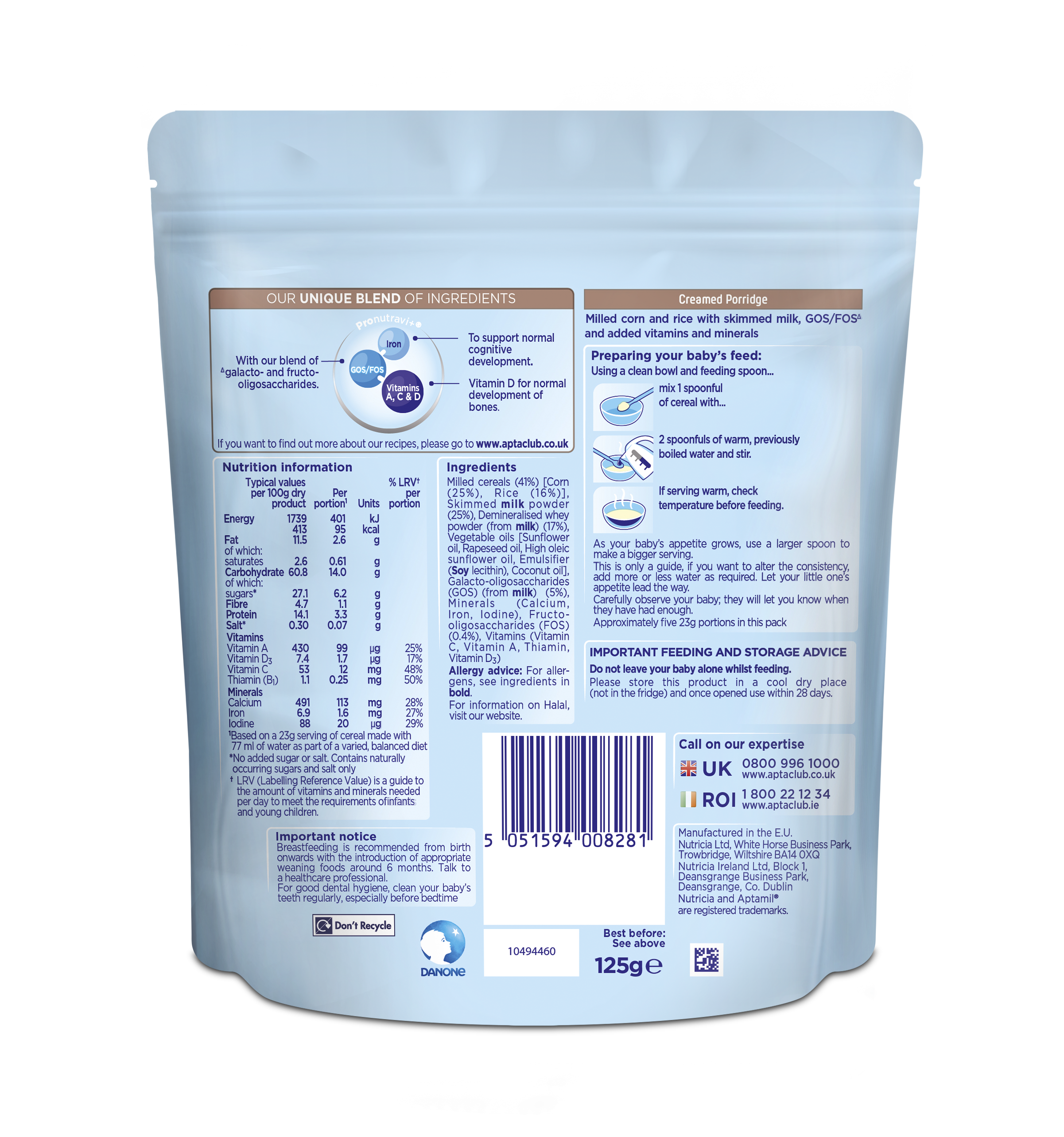 Nutricia Aptamil Creamed Porridge for Babies 4 to 6 Months & Above | 125g | Nutrient-Rich First Weaning Food - MINIMEE KIDS