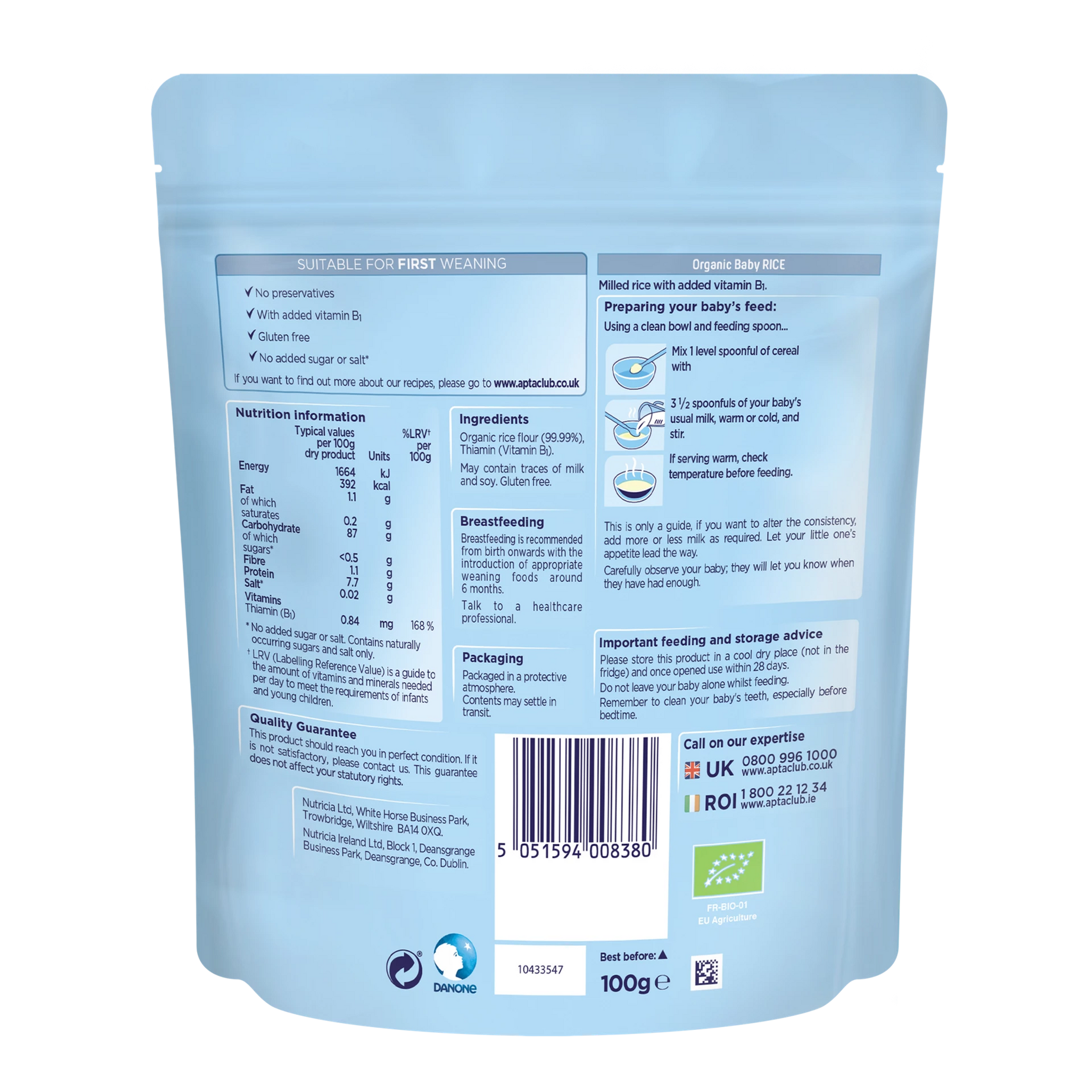 Nutricia Aptamil Organic Baby Rice for Babies 4 to 6 Months | 100g | Gentle Weaning Food for First Solids - MINIMEE KIDS