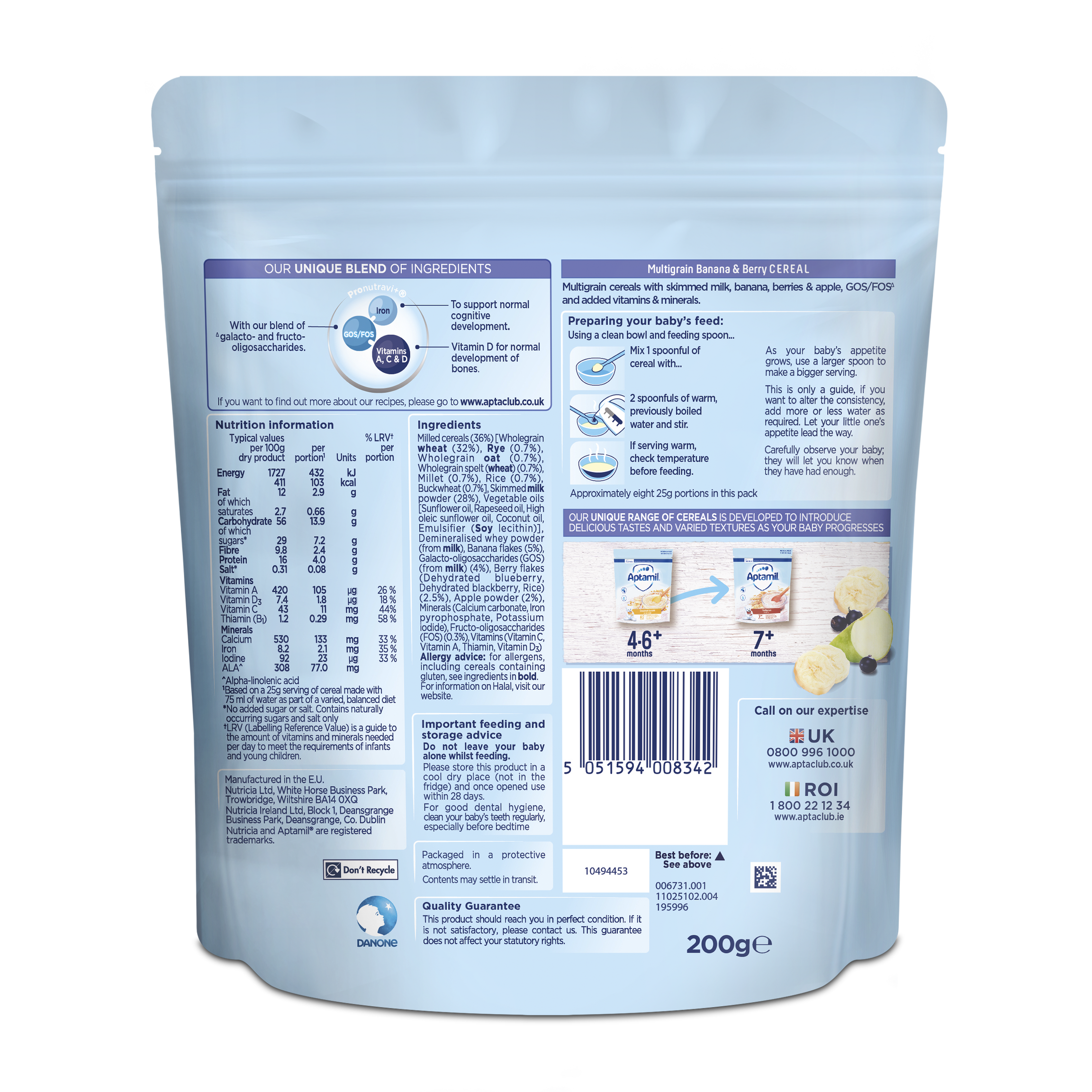 Nutricia Aptamil Multigrain Banana & Berry Cereal for Babies 7 Months & Above | 200g | Nutrient-Rich Breakfast Cereal for Healthy Growth