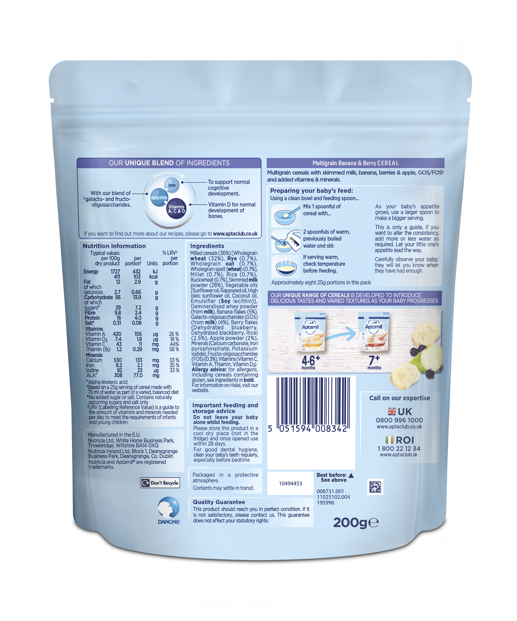 Nutricia Aptamil Multigrain Banana & Berry Cereal for Babies 7 Months & Above | 200g | Nutrient-Rich Breakfast Cereal for Healthy Growth - MINIMEE KIDS