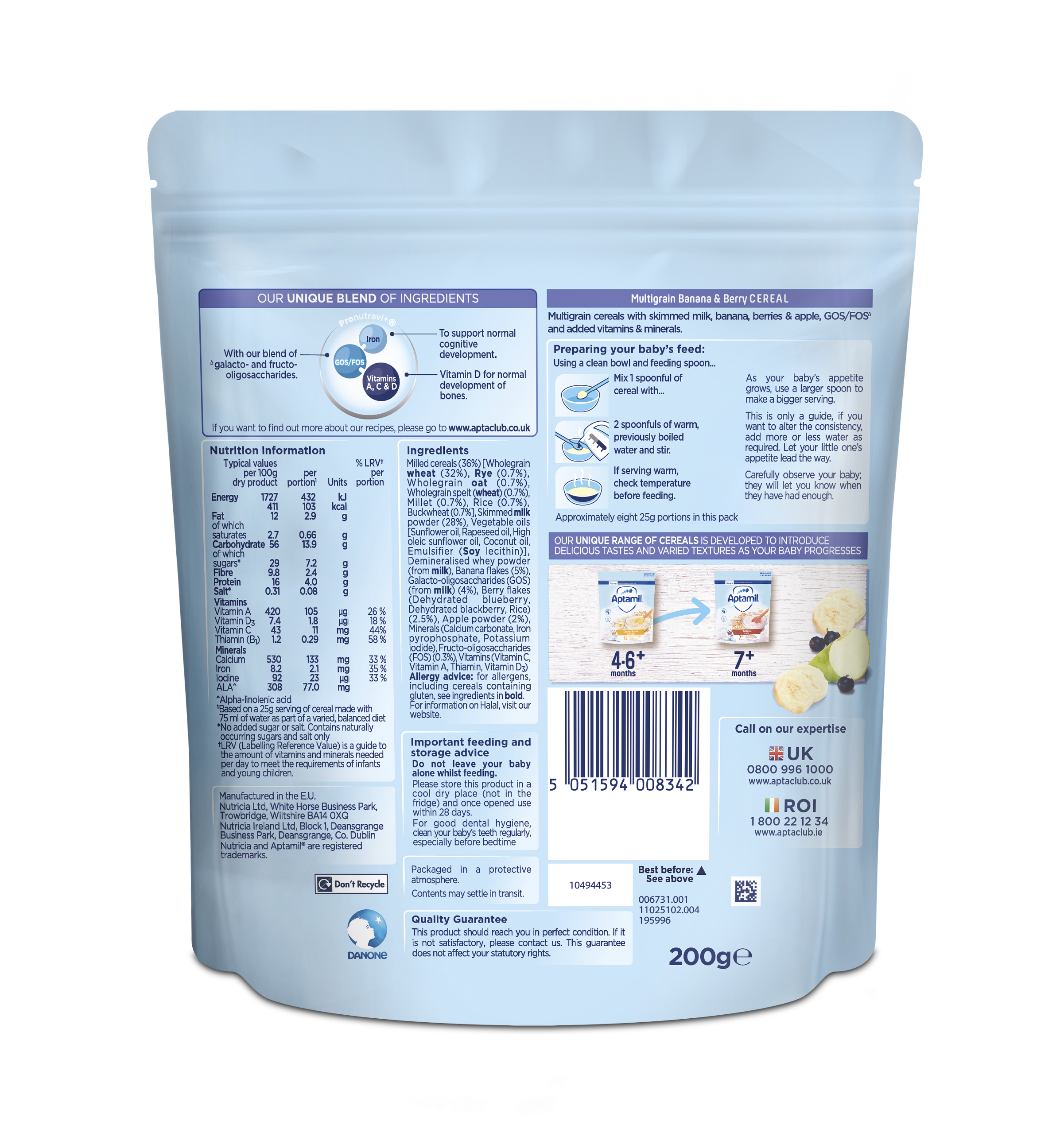 Nutricia Aptamil Multigrain Banana & Berry Cereal for Babies 7 Months & Above | 200g | Nutrient-Rich Breakfast Cereal for Healthy Growth