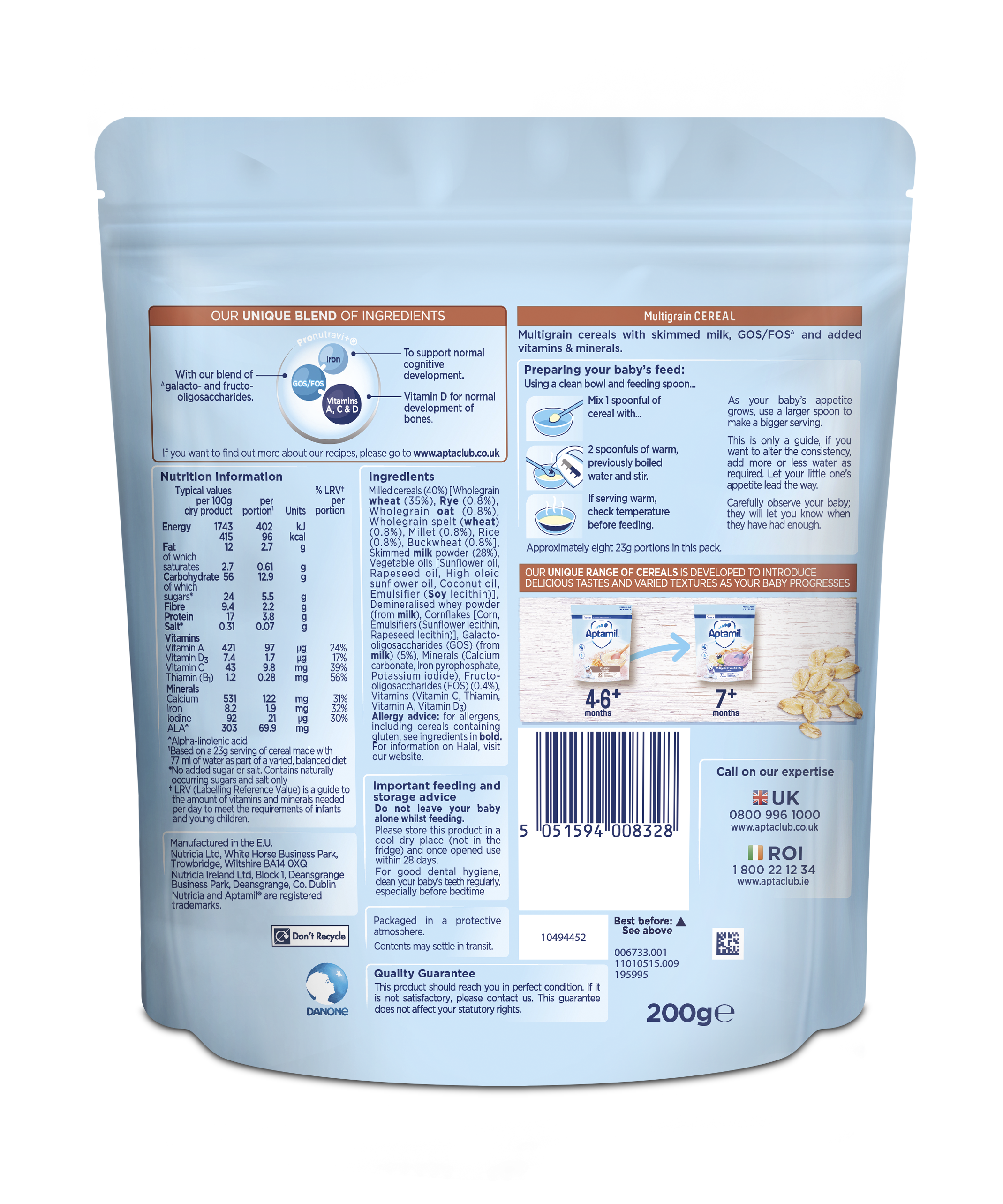 Nutricia Aptamil Multigrain Cereal For Babies 7 Months & Above - 200g | Nutrient-Rich Multigrain Cereal for Growing Babies - MINIMEE KIDS