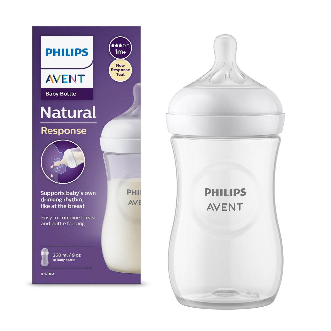 AVENT Philips Natural Response Baby Bottle - 260ml, BPA-Free Baby Milk Bottle for Newborns & Up, 1+ Months (Model SCY903/01)