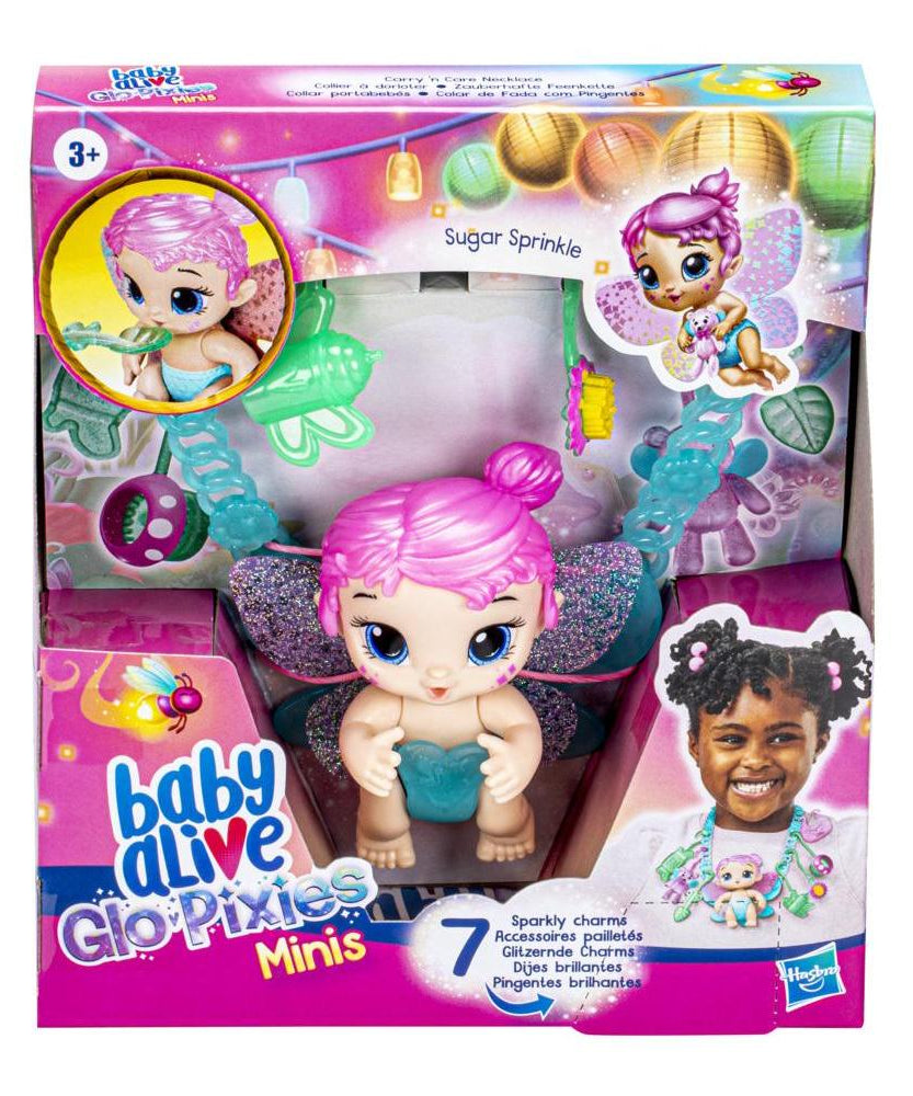 Hasbro Baby Alive Glo Pixies Minis Carry ‘n Care Necklace - Sugar Sprinkle Pixie Doll, 3.75-Inch Toy with Charm Necklace & Doll Carrier for Kids Ages 3+