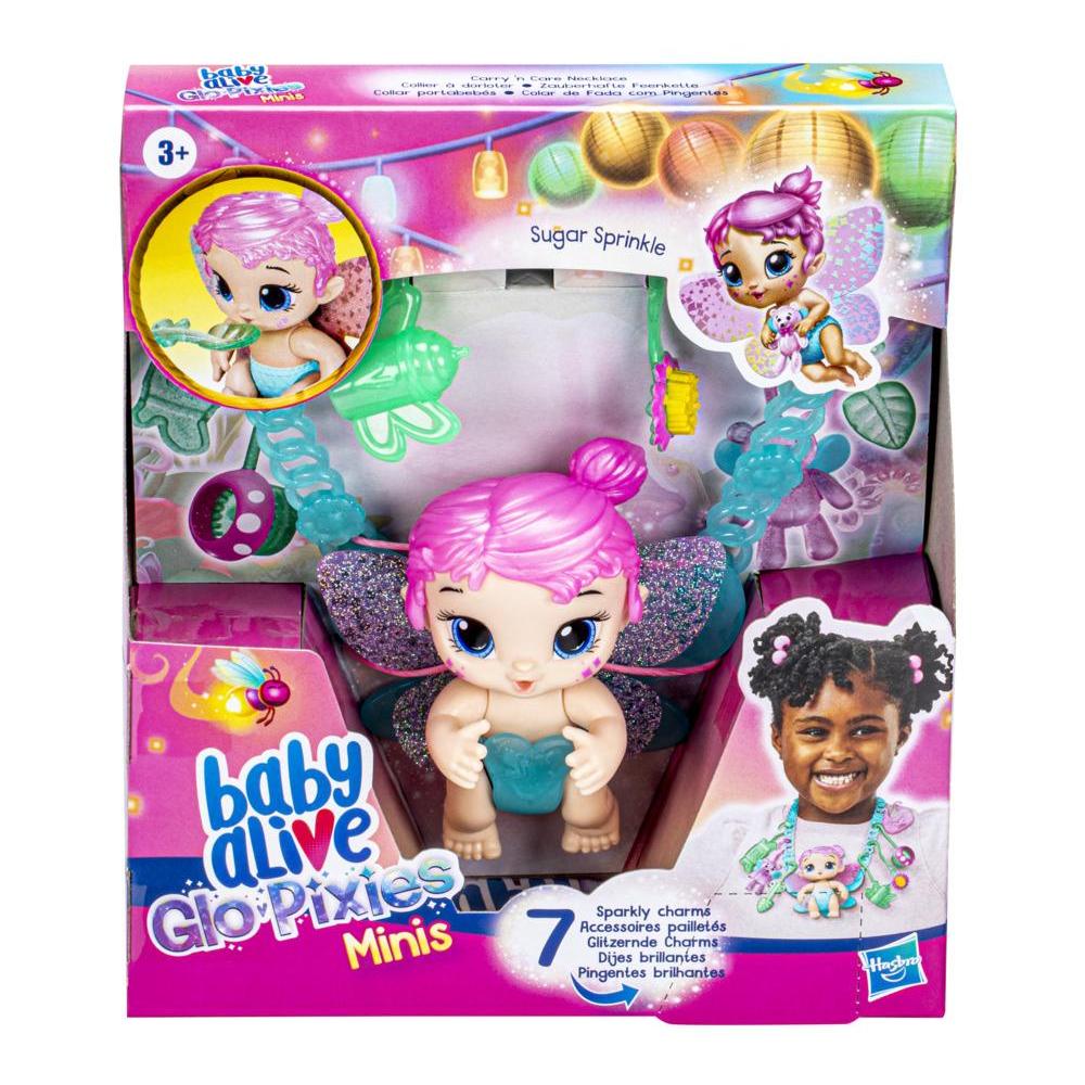 Hasbro Baby Alive Glo Pixies Minis Carry ‘n Care Necklace - Sugar Sprinkle Pixie Doll, 3.75-Inch Toy with Charm Necklace & Doll Carrier for Kids Ages 3+