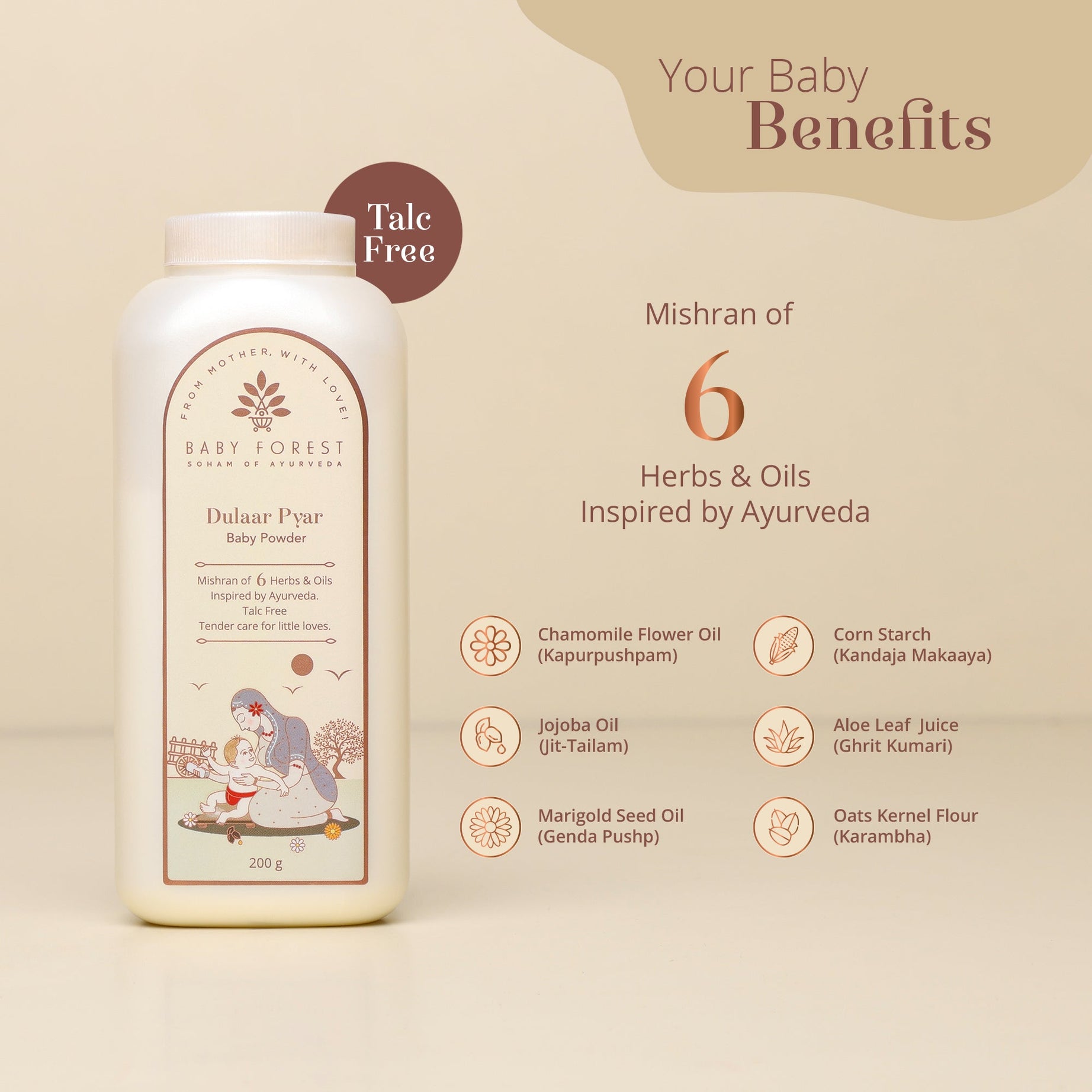 Baby Forest Dulaar Pyar Ayurvedic Talc-Free Baby Powder for 0+ Years – 200g | Gentle Corn & Oats Formula to Soothe Rashes & Keep Baby’s Skin Fresh, Dry & Protected | Enriched with Aloe Vera, Chamomile & Calendula