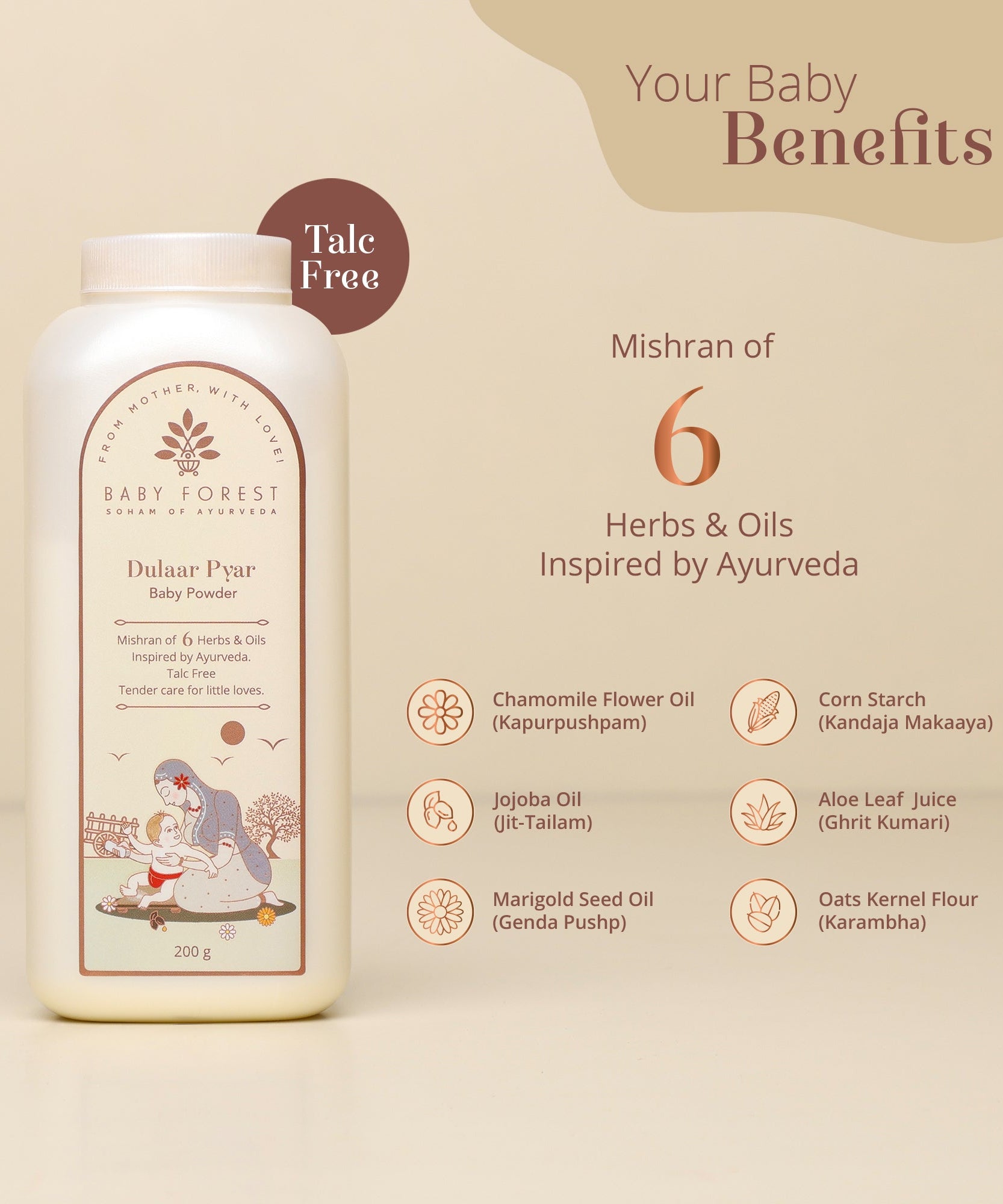 Baby Forest Dulaar Pyar Ayurvedic Talc-Free Baby Powder for 0+ Years – 200g | Gentle Corn & Oats Formula to Soothe Rashes & Keep Baby’s Skin Fresh, Dry & Protected | Enriched with Aloe Vera, Chamomile & Calendula
