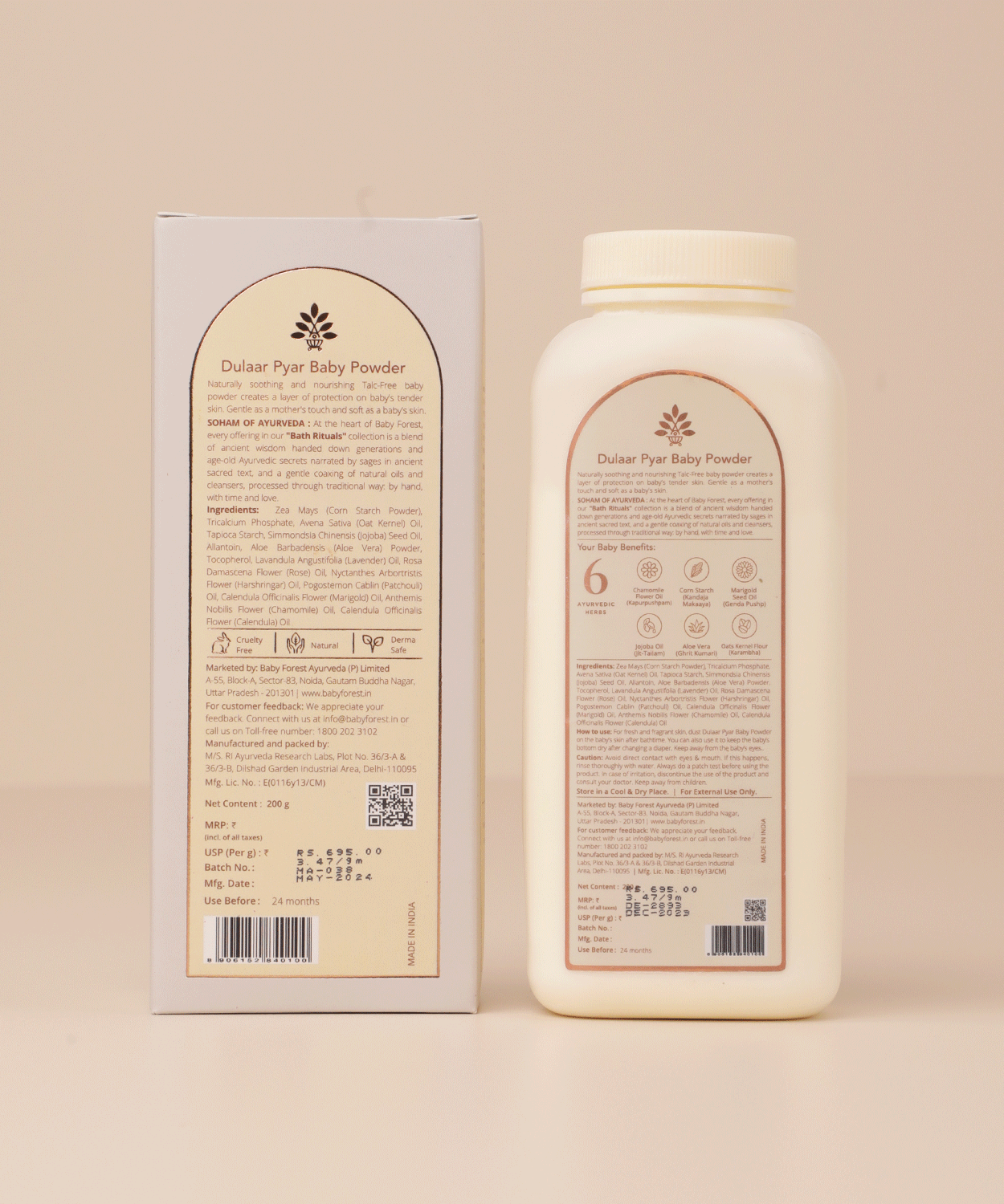 Baby Forest Dulaar Pyar Ayurvedic Talc-Free Baby Powder for 0+ Years – 200g | Gentle Corn & Oats Formula to Soothe Rashes & Keep Baby’s Skin Fresh, Dry & Protected | Enriched with Aloe Vera, Chamomile & Calendula