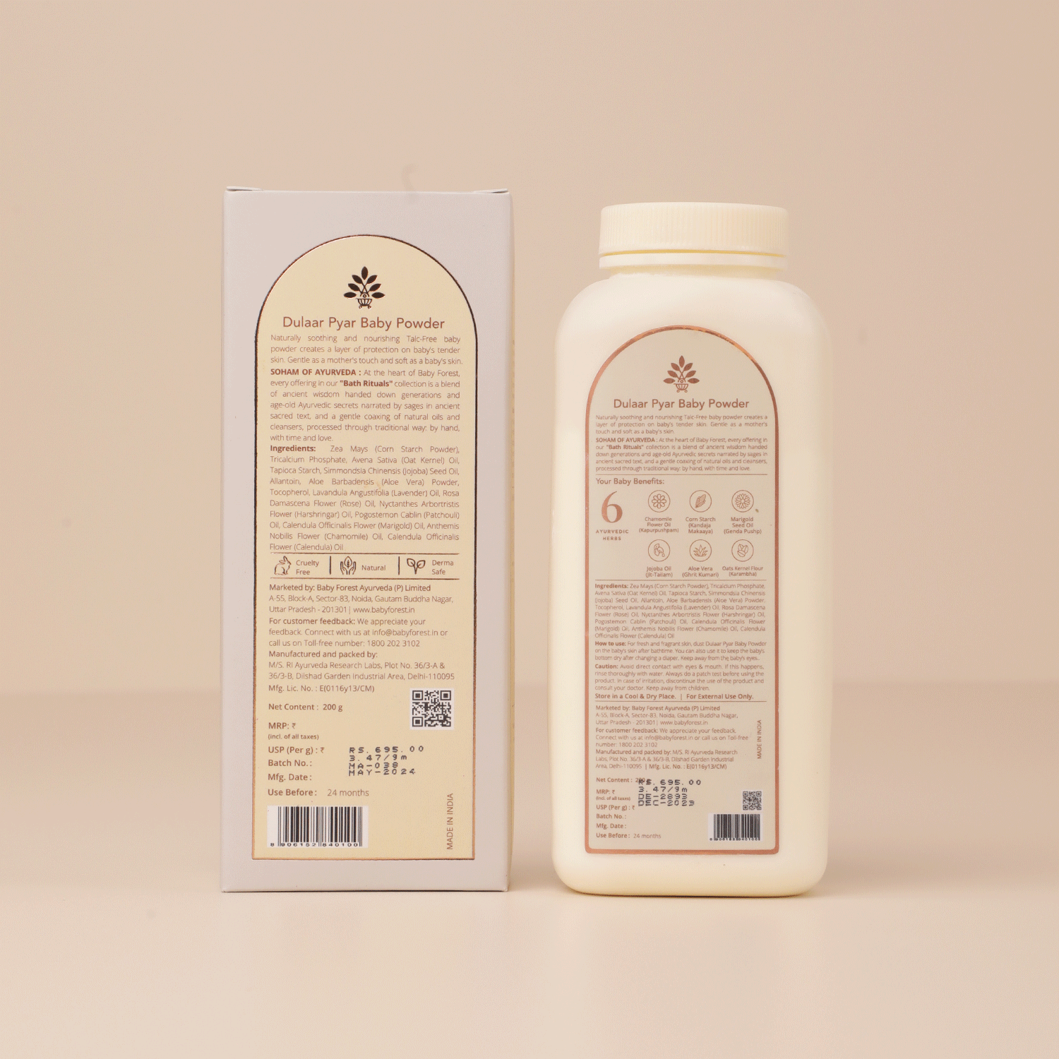 Baby Forest Dulaar Pyar Ayurvedic Talc-Free Baby Powder for 0+ Years – 200g | Gentle Corn & Oats Formula to Soothe Rashes & Keep Baby’s Skin Fresh, Dry & Protected | Enriched with Aloe Vera, Chamomile & Calendula