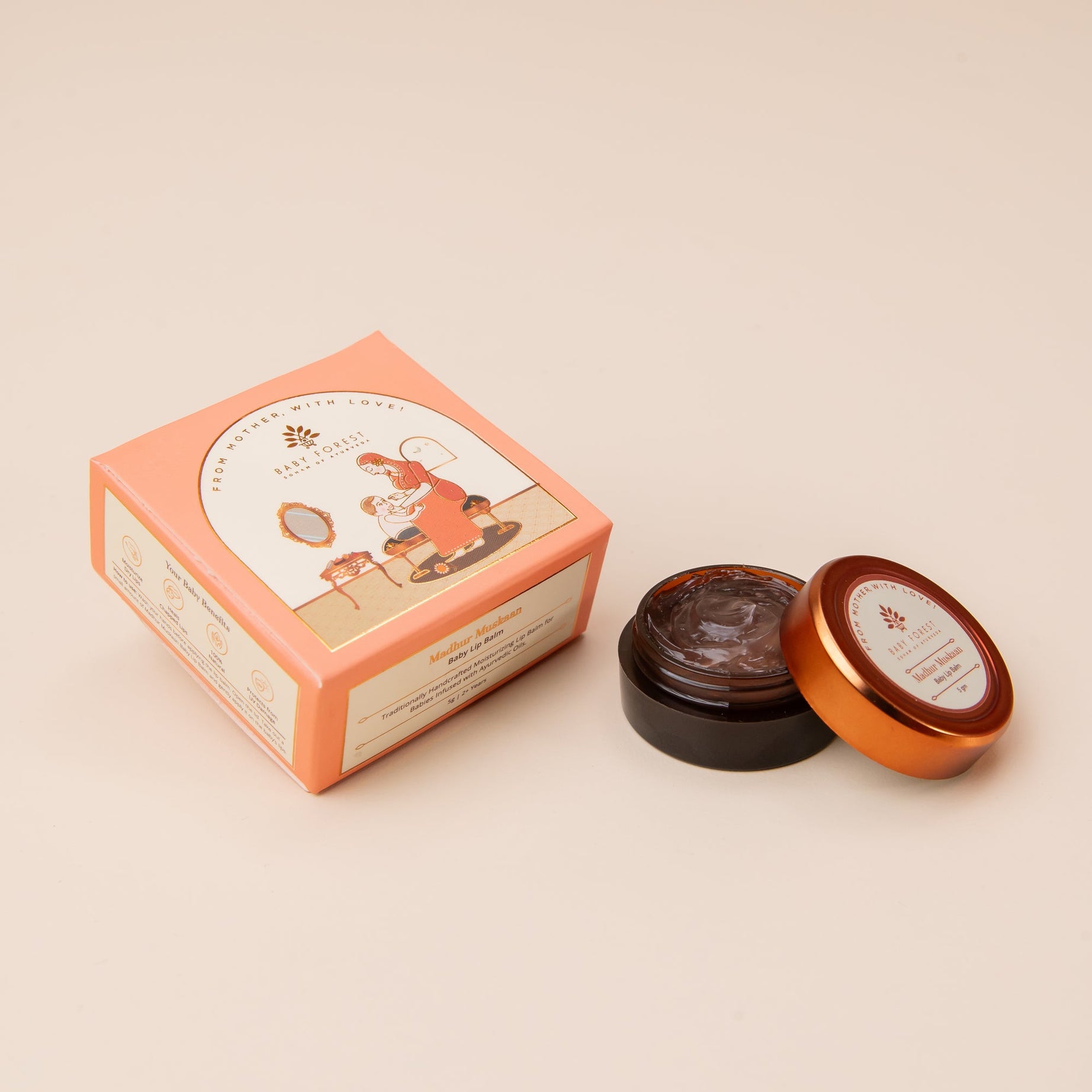 Baby Forest Madhur Muskaan Baby Lip Balm for Kids Aged 2+ Years | 100% Natural Ayurvedic Lip Moisturizer with Coconut, Aloe Vera & Pomegranate Oils | Safe, Gentle & Toxin-Free Balm | 5g