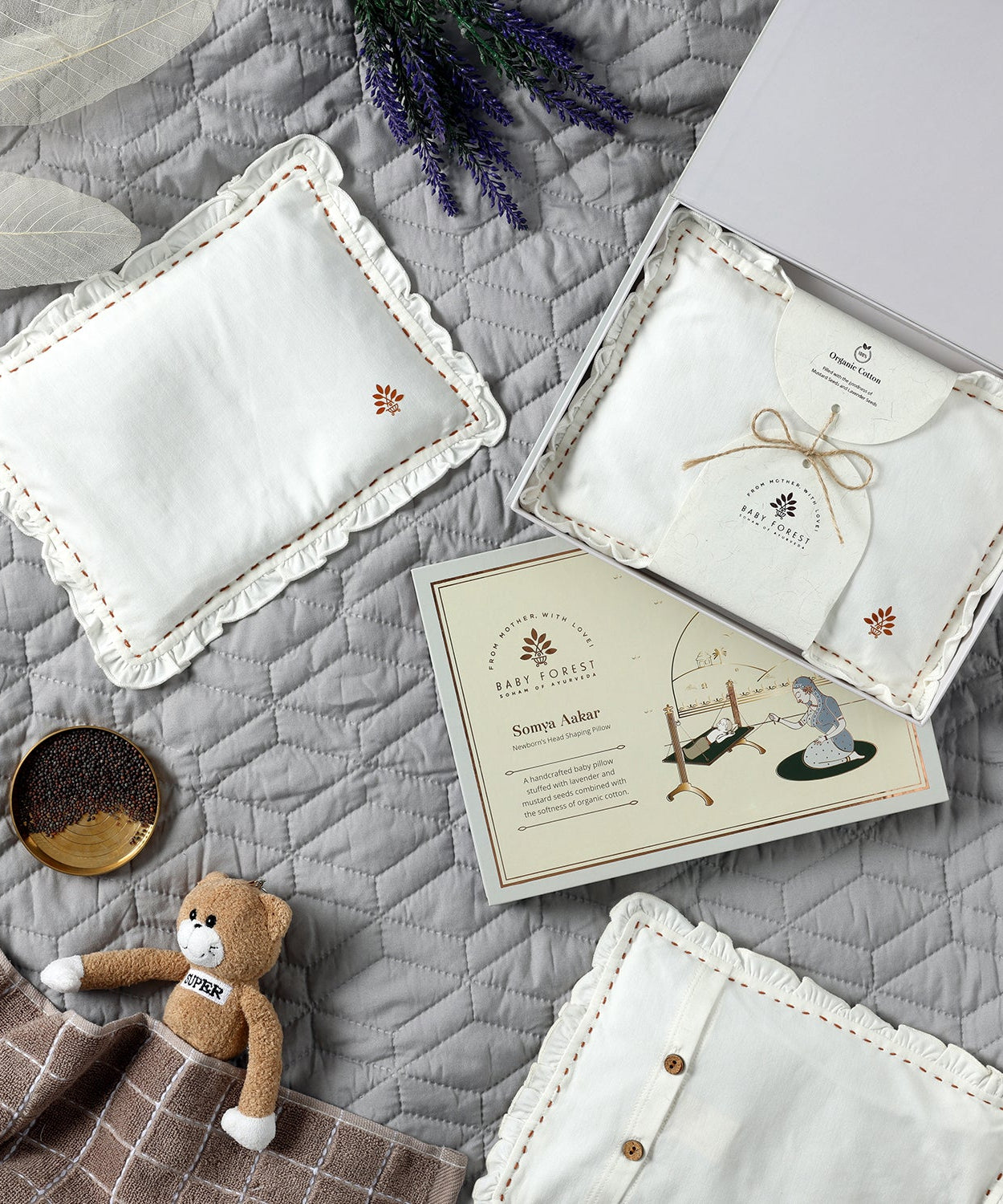 Baby Forest Somya Aakar Organic Mustard & Lavender Pillow for Newborns – Flat Head Prevention & Neck Support | 0-6 Months | Organic Cotton Cover