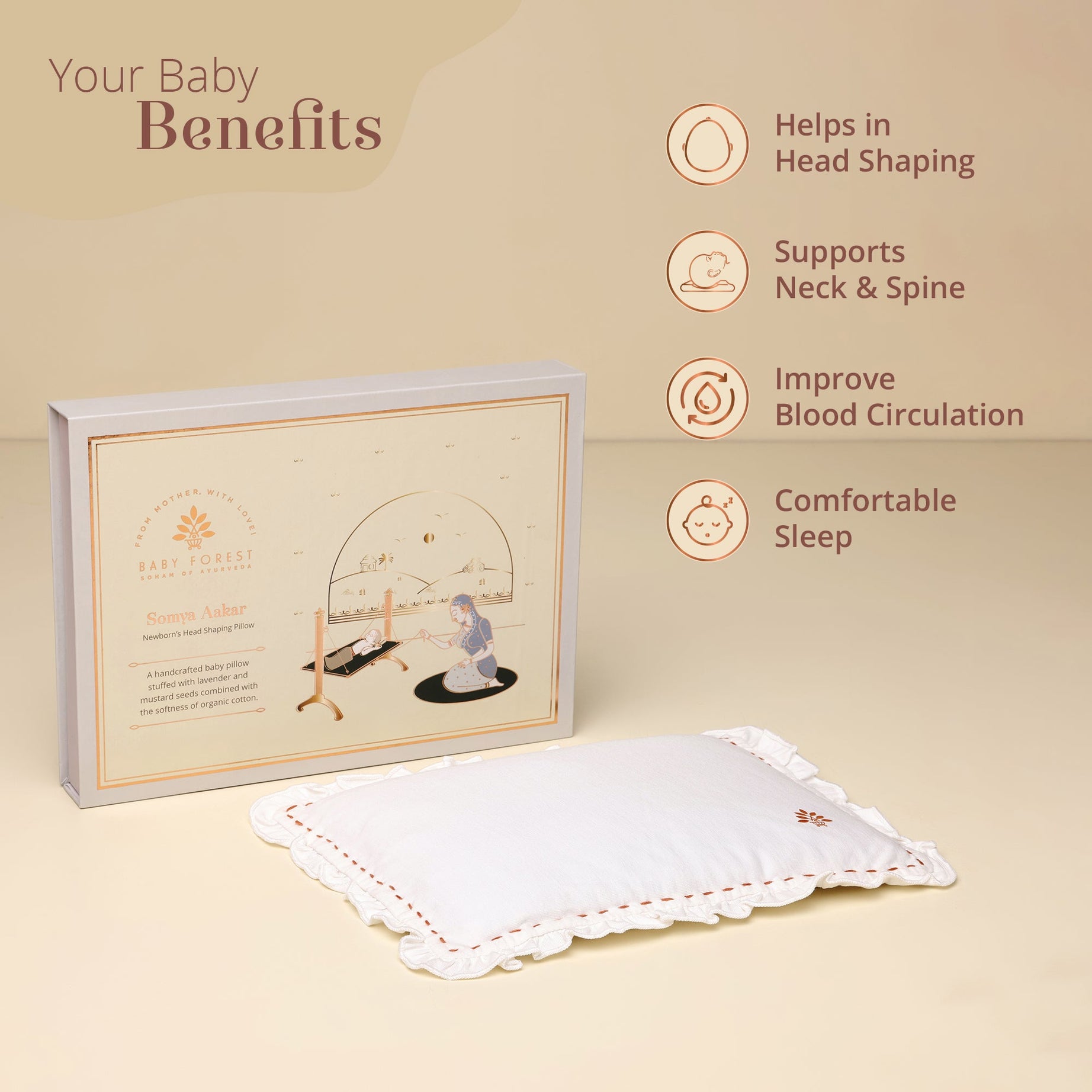 Baby Forest Somya Aakar Organic Mustard & Lavender Pillow for Newborns – Flat Head Prevention & Neck Support | 0-6 Months | Organic Cotton Cover