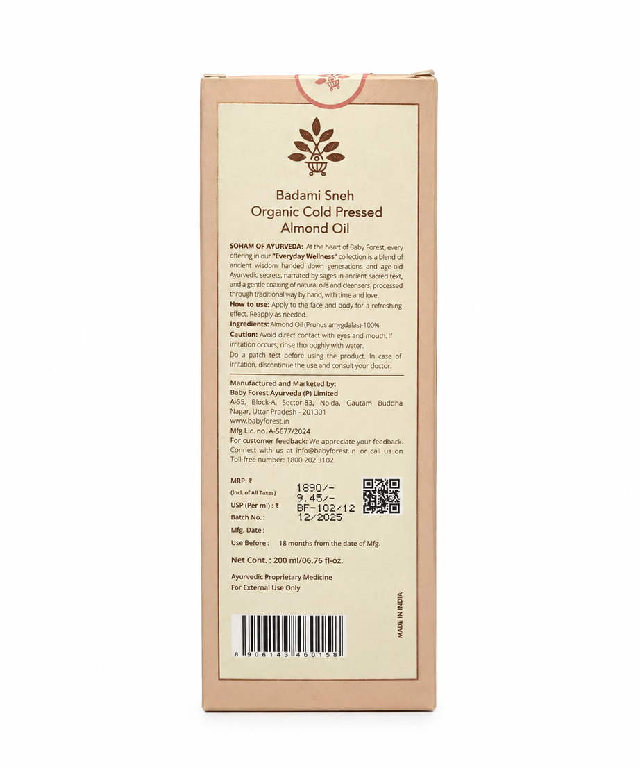 Baby Forest Badami Sneh 100% Pure Organic Cold Pressed Almond Oil for Baby Massage (200ml) – Wood-Pressed Ayurvedic Baby Oil for Strong Bones, Cradle Cap Relief, Hair Growth & Sensitive Skin