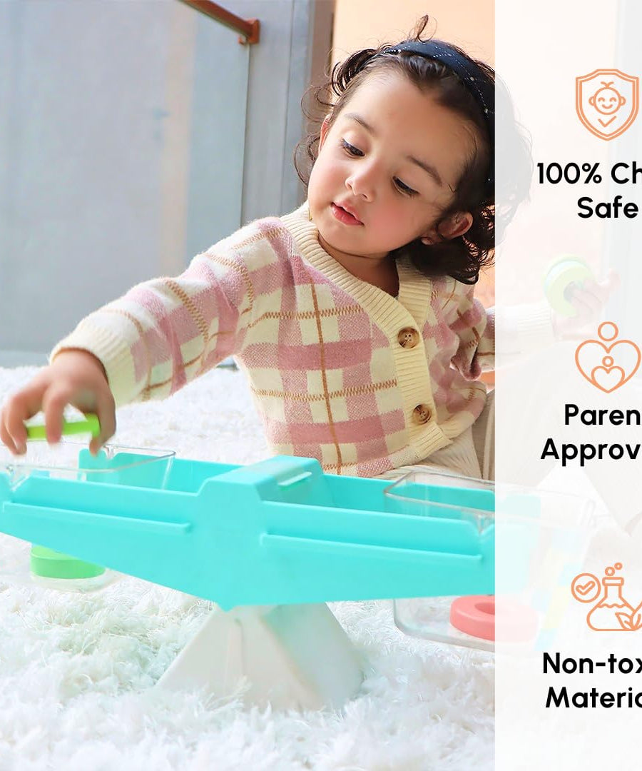 Curious Cub Wooden Balancing Scale, Educational Weighing Toy for Kids 3+ | Montessori-Inspired STEM Learning Game with Colorful Weights to Teach Balance, Mass, and Counting - MINIMEE KIDS
