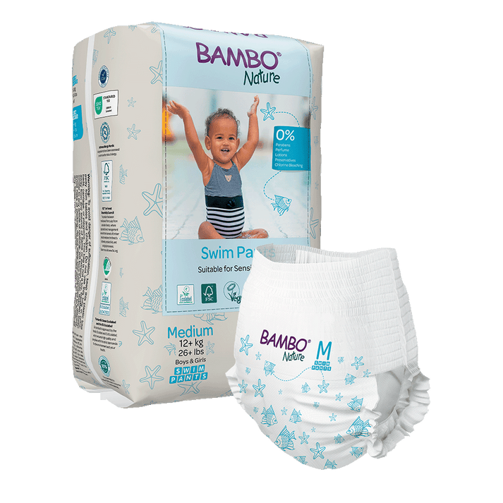 Bambo Nature Eco-Friendly Baby Swim Pants Diapers – Sizes S (7–12 kg) & M (12+ kg) | Soft, Leak-Proof Disposable Swim Diapers for Sensitive Skin | Certified Non-Toxic, Tear-Away Sides | 12 Count Pack for Pool & Beach Fun
