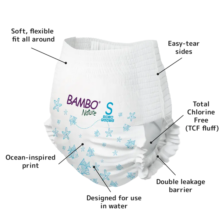 Bambo Nature Eco-Friendly Baby Swim Pants Diapers – Sizes S (7–12 kg) & M (12+ kg) | Soft, Leak-Proof Disposable Swim Diapers for Sensitive Skin | Certified Non-Toxic, Tear-Away Sides | 12 Count Pack for Pool & Beach Fun