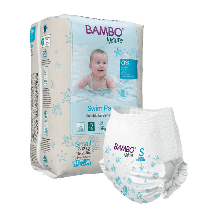 Bambo Nature Eco-Friendly Baby Swim Pants Diapers – Sizes S (7–12 kg) & M (12+ kg) | Soft, Leak-Proof Disposable Swim Diapers for Sensitive Skin | Certified Non-Toxic, Tear-Away Sides | 12 Count Pack for Pool & Beach Fun