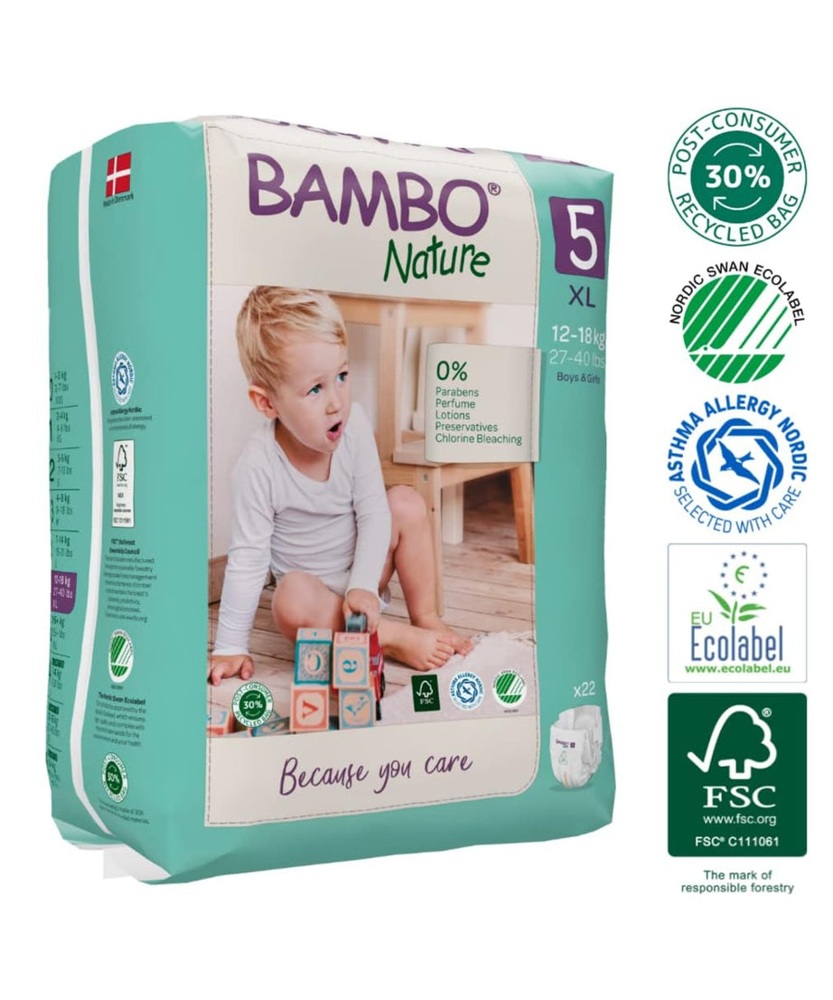 Bambo Nature Tape Style Diapers 5 - XL 12-18 kg Pack of 22 Diapers | Skin-Friendly & Eco-Friendly - MINIMEE KIDS