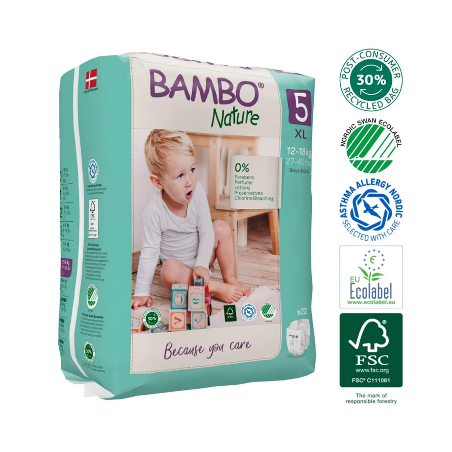 Bambo Nature Tape Style Diapers 5 - XL 12-18 kg Pack of 22 Diapers | Skin-Friendly & Eco-Friendly - MINIMEE KIDS