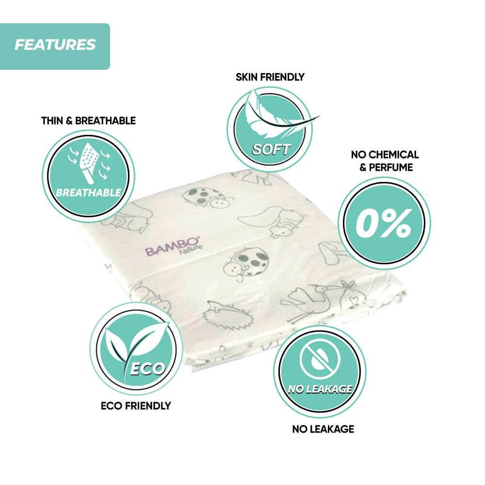 Bambo Nature Changing Mats - Eco-Friendly Disposable Baby Changing Pads, 10 Pack Highly Absorbent and Leak-Proof with Soft Top Layer, Ideal for Home and Travel Diaper Changes