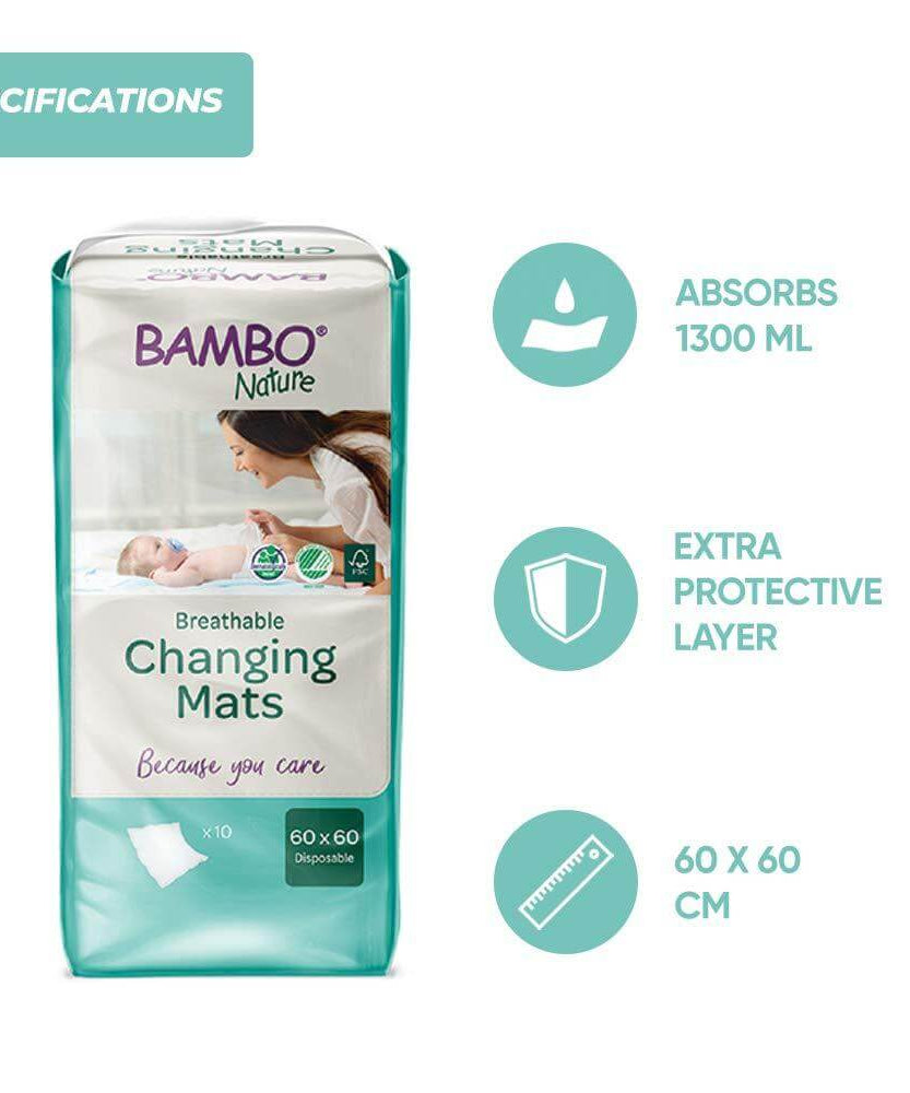 Bambo Nature Changing Mats - Eco-Friendly Disposable Baby Changing Pads, 10 Pack Highly Absorbent and Leak-Proof with Soft Top Layer, Ideal for Home and Travel Diaper Changes - MINIMEE KIDS
