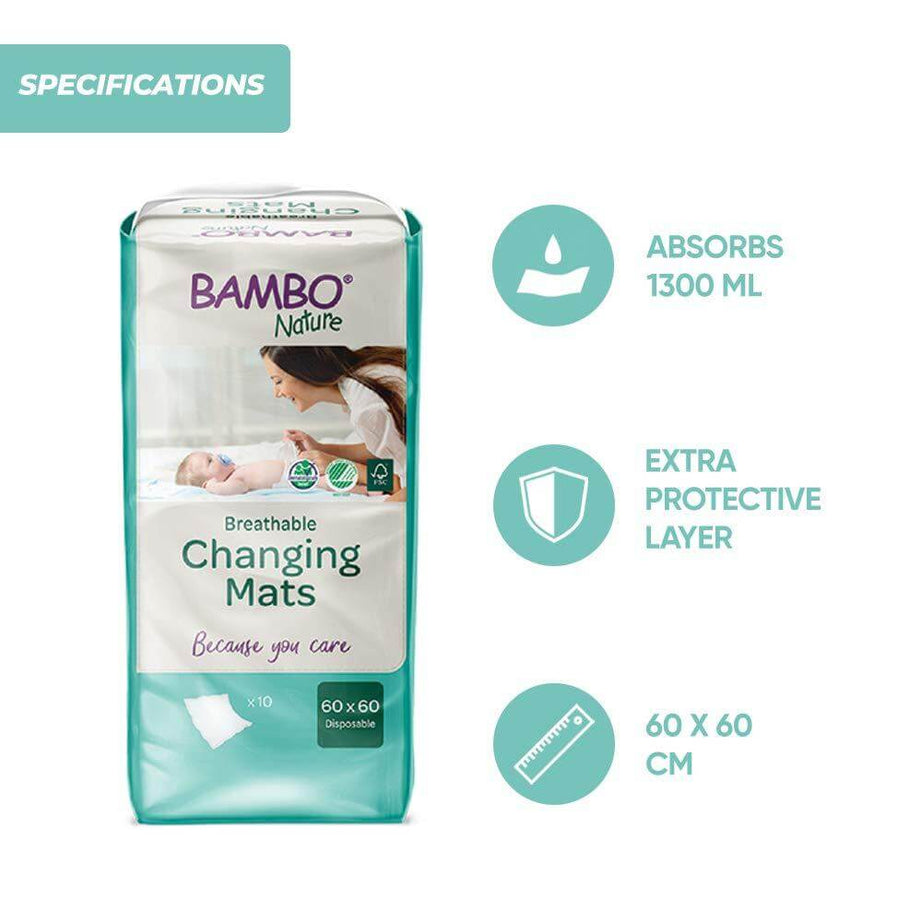 Bambo Nature Changing Mats - Eco-Friendly Disposable Baby Changing Pads, 10 Pack Highly Absorbent and Leak-Proof with Soft Top Layer, Ideal for Home and Travel Diaper Changes