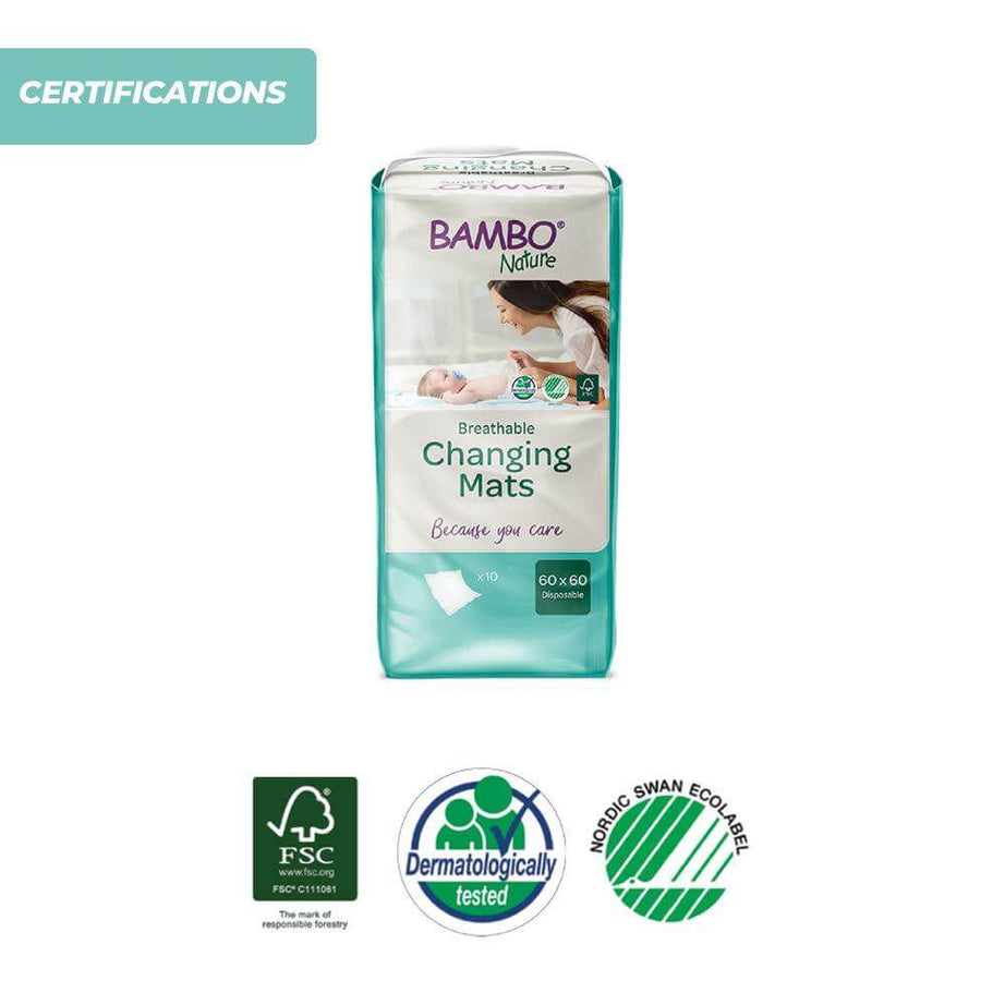 Bambo Nature Changing Mats - Eco-Friendly Disposable Baby Changing Pads, 10 Pack Highly Absorbent and Leak-Proof with Soft Top Layer, Ideal for Home and Travel Diaper Changes