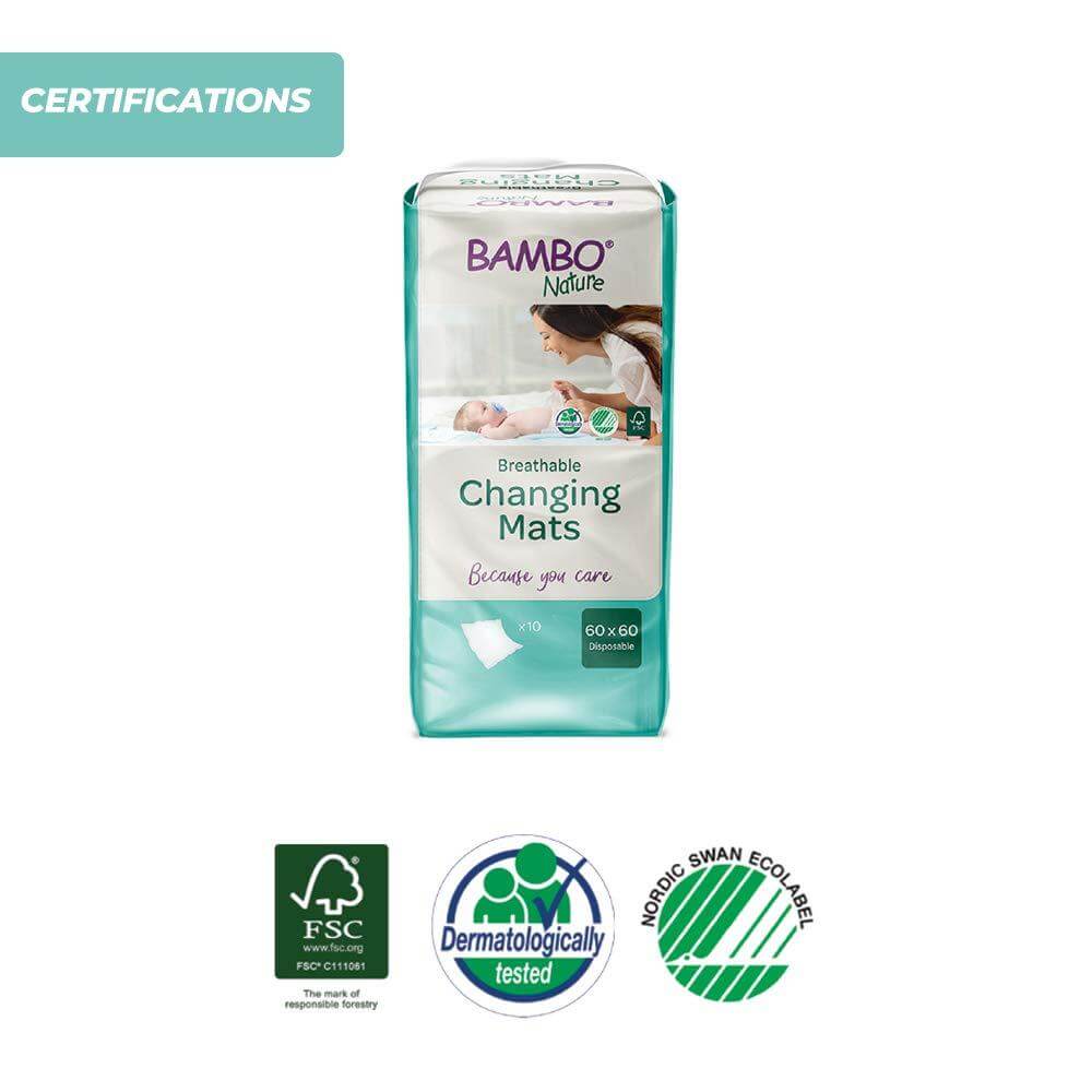 Bambo Nature Changing Mats - Eco-Friendly Disposable Baby Changing Pads, 10 Pack Highly Absorbent and Leak-Proof with Soft Top Layer, Ideal for Home and Travel Diaper Changes
