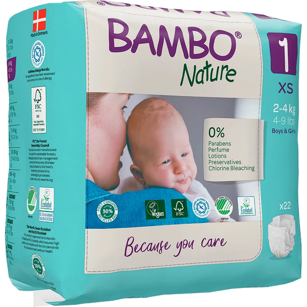 Bambo Nature Skin Friendly Tape Diapers - XS (2-4 kgs) Gentle and Eco-Friendly Diapers for Newborns | Pack of 22 Diapers - MINIMEE KIDS